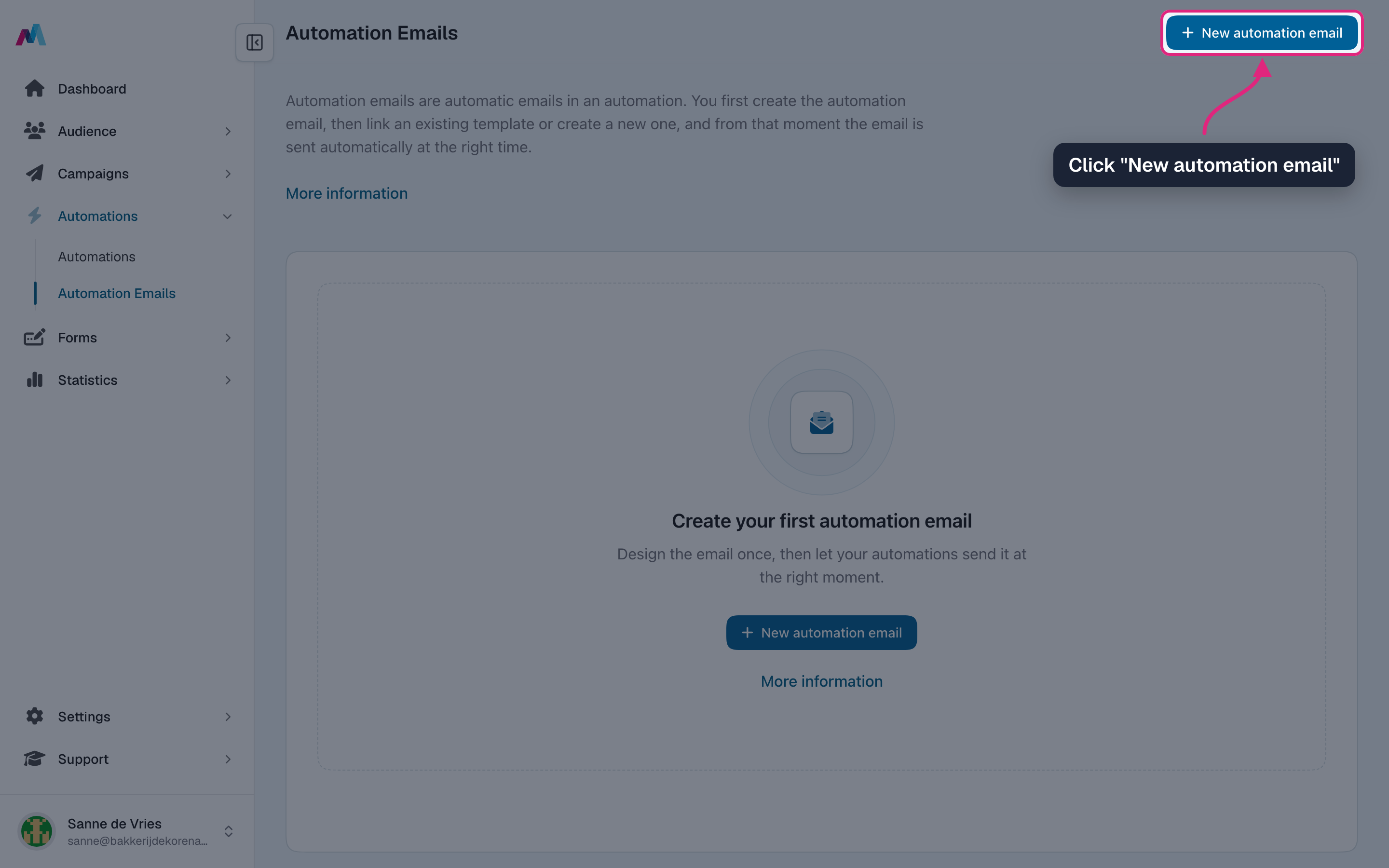 The automation emails overview with "New automation email" highlighted