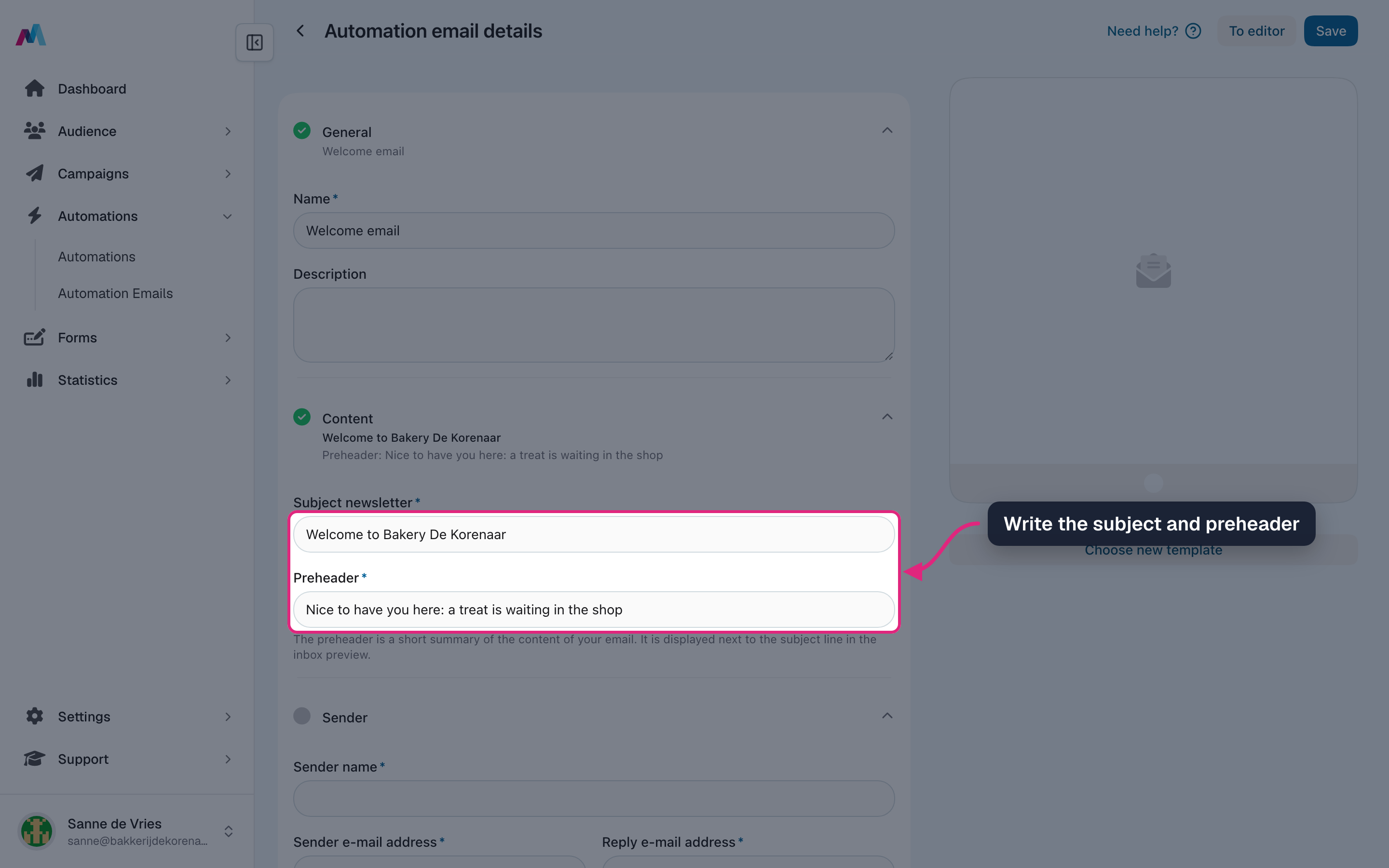 The subject and preheader fields, filled in