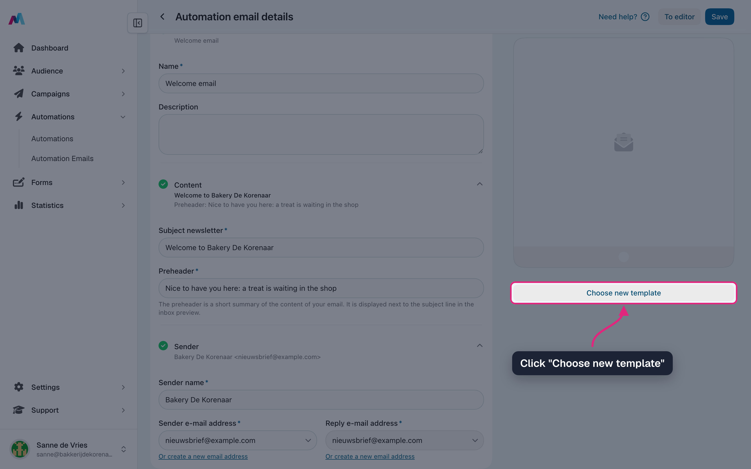 The "Choose new template" button highlighted