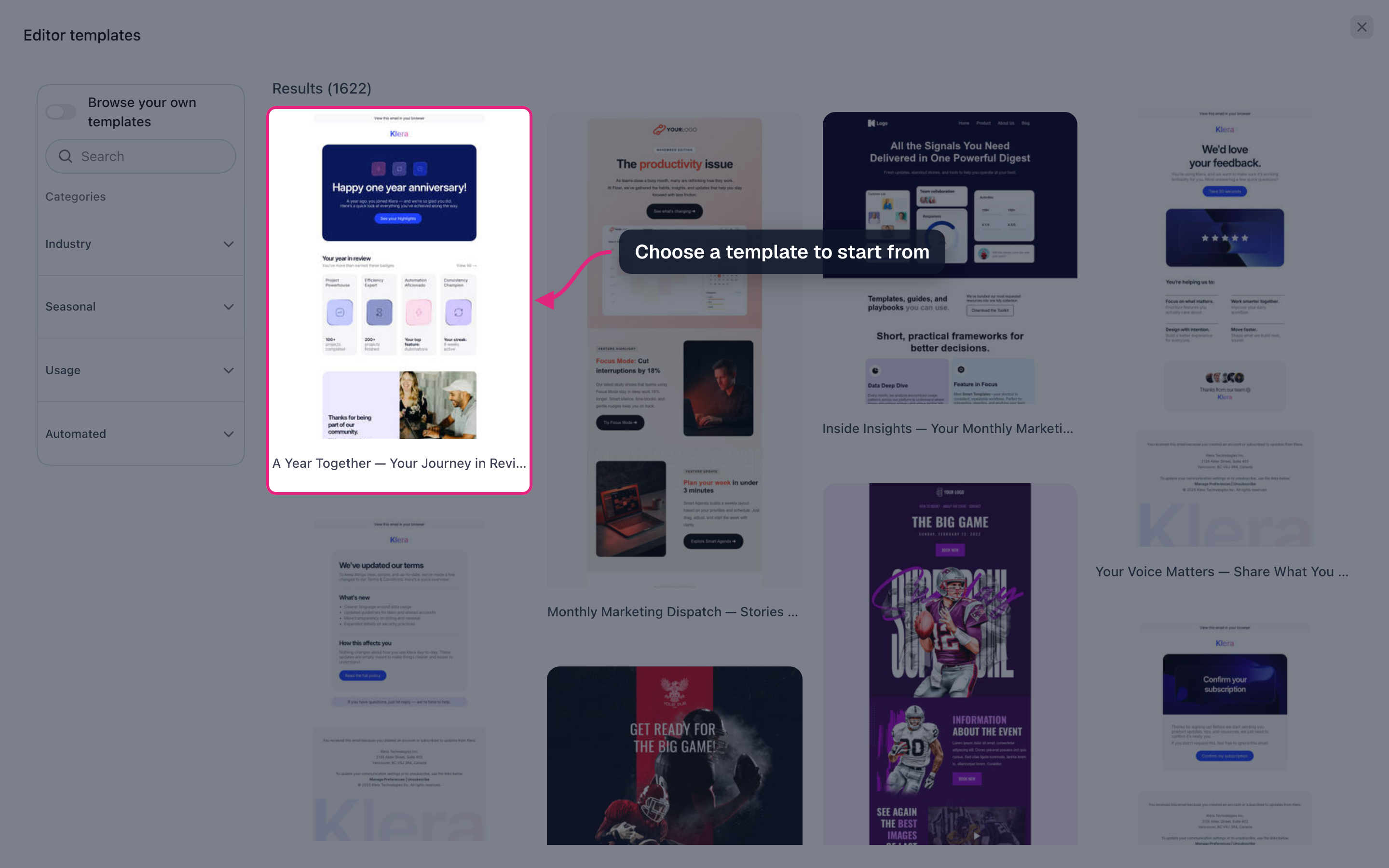 The template gallery with the first template highlighted