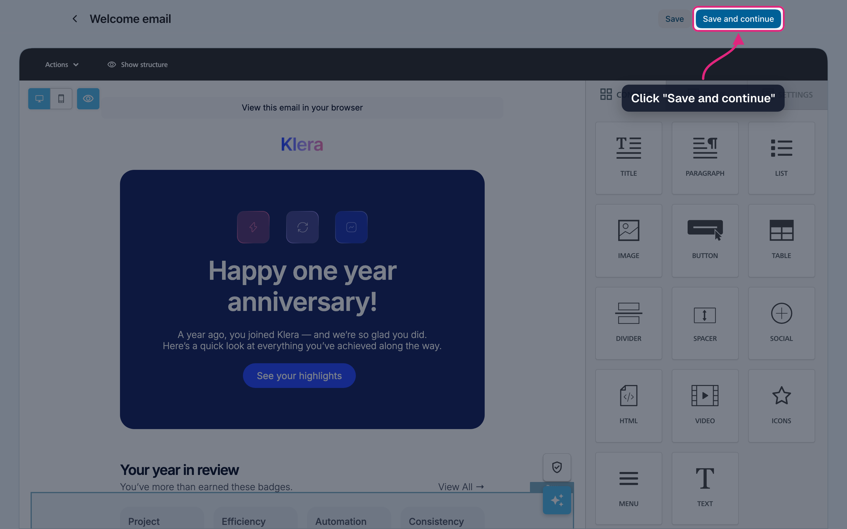 The "Save and continue" button highlighted