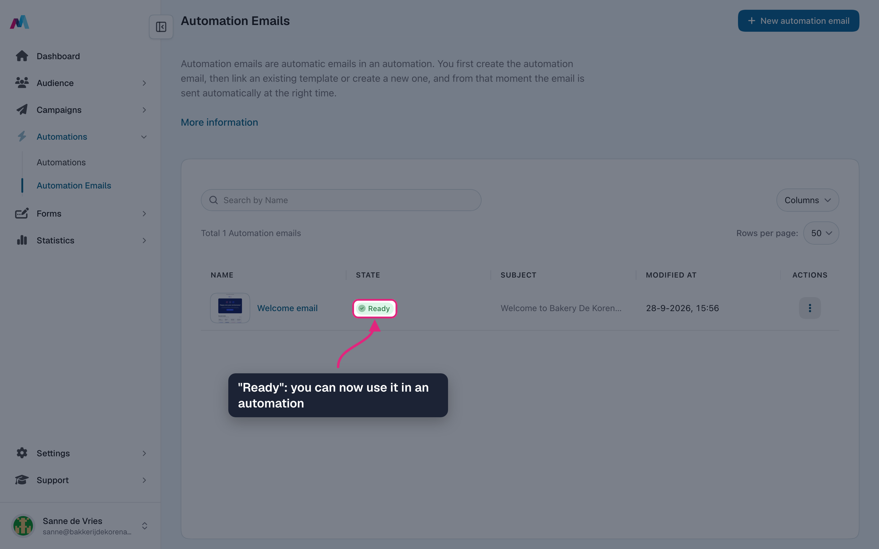 The new automation email in the overview with the status "Ready" highlighted