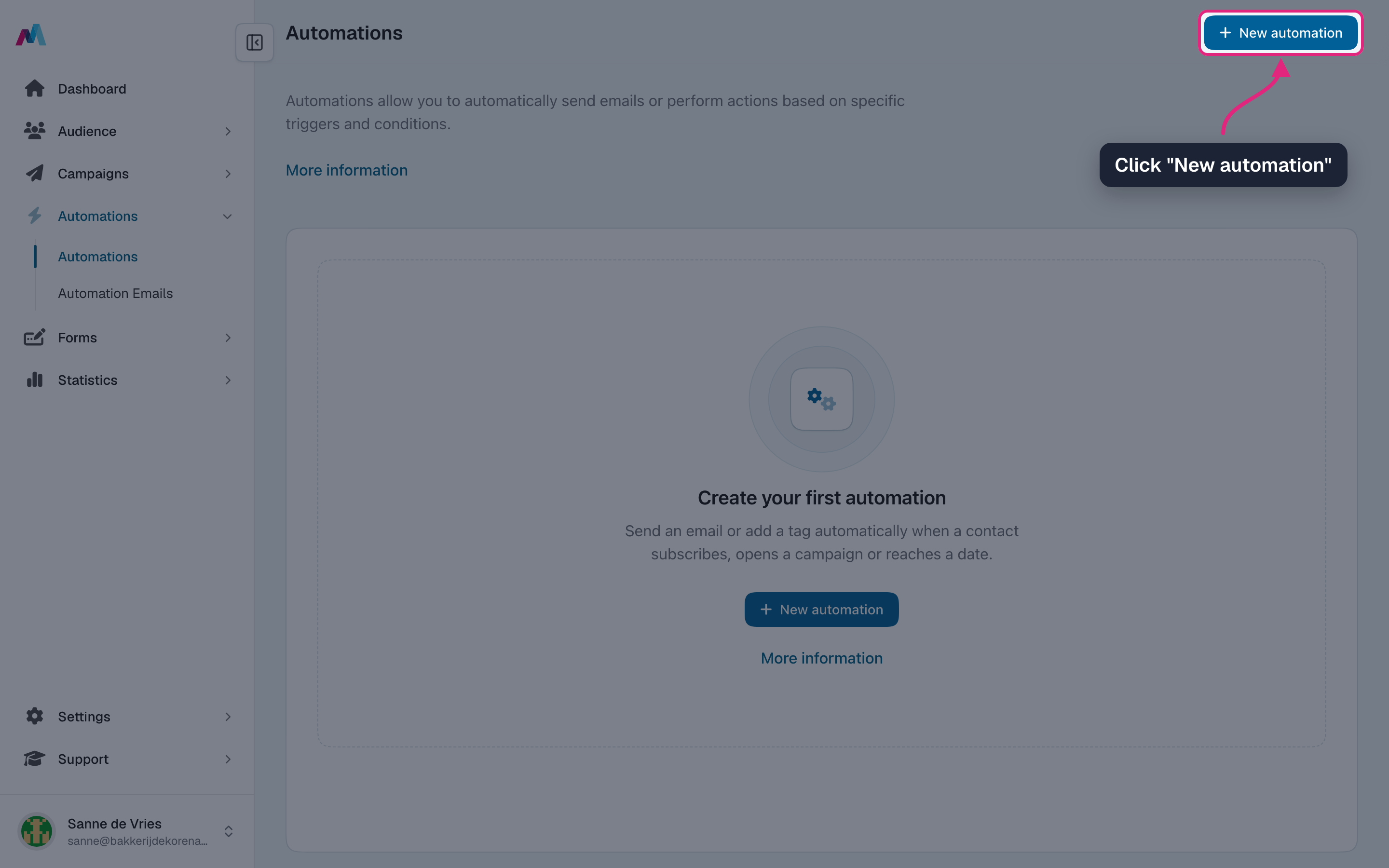 The automations overview with "New automation" highlighted