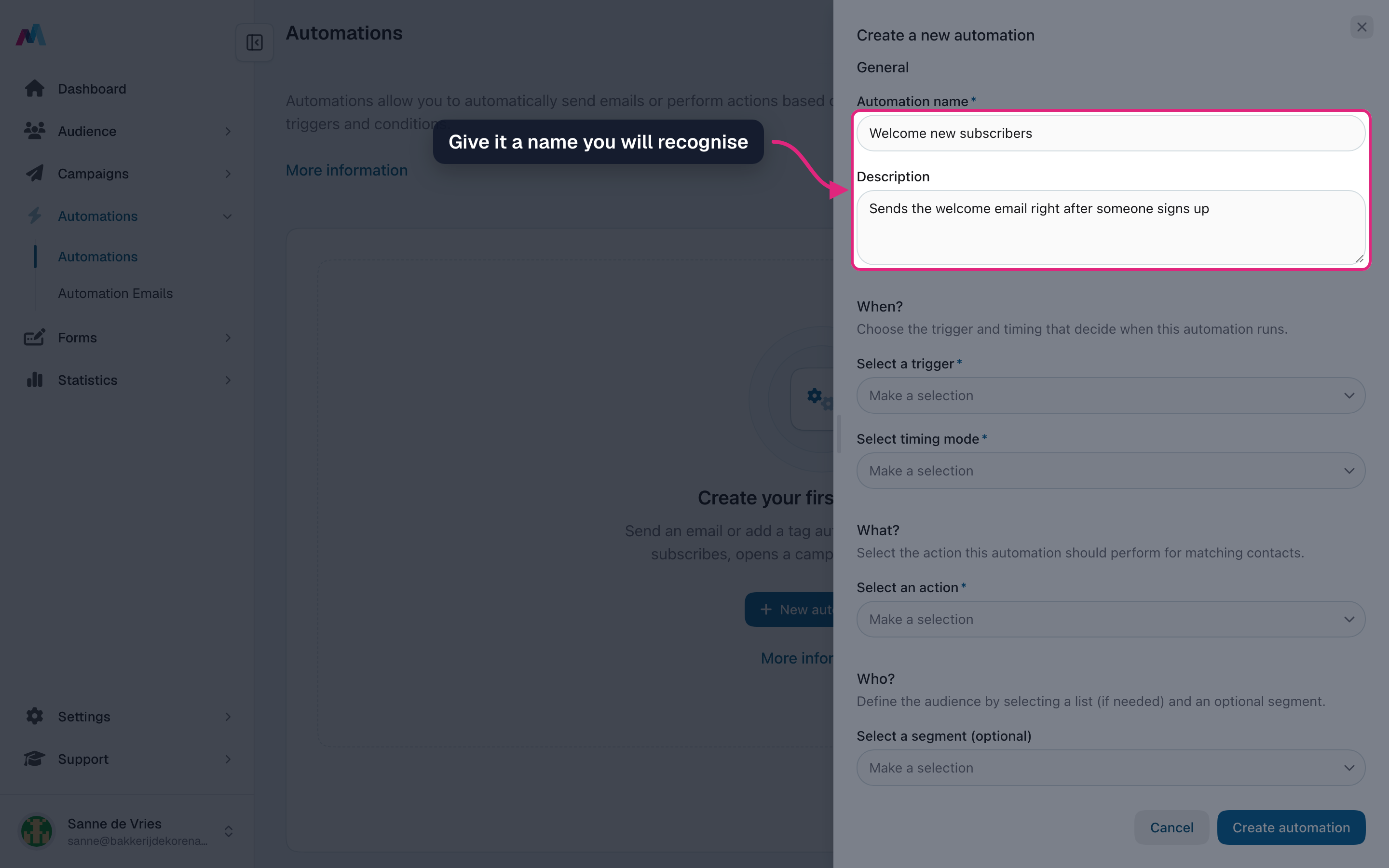 The name and description fields, filled in