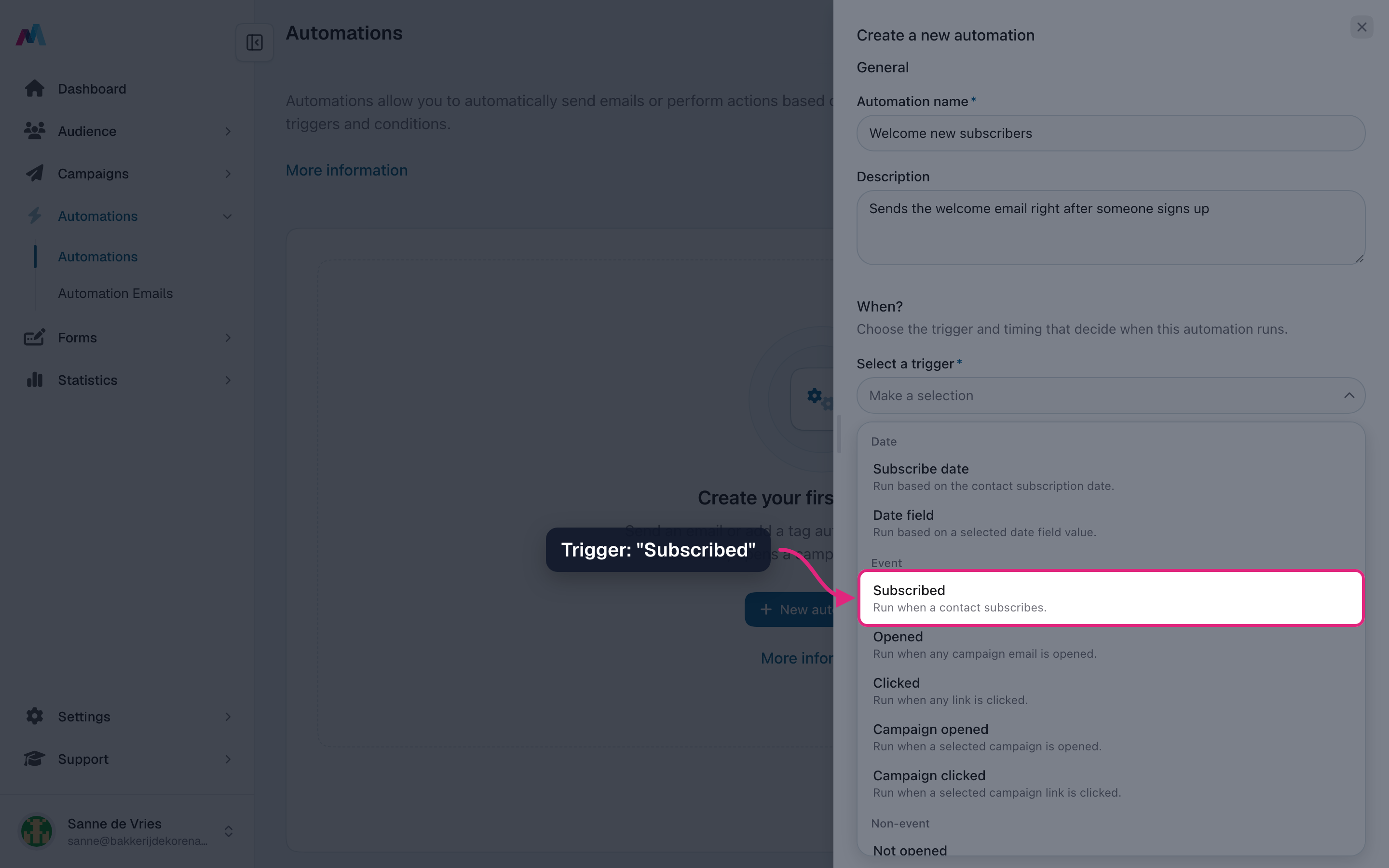 The trigger list with "Subscribed" highlighted