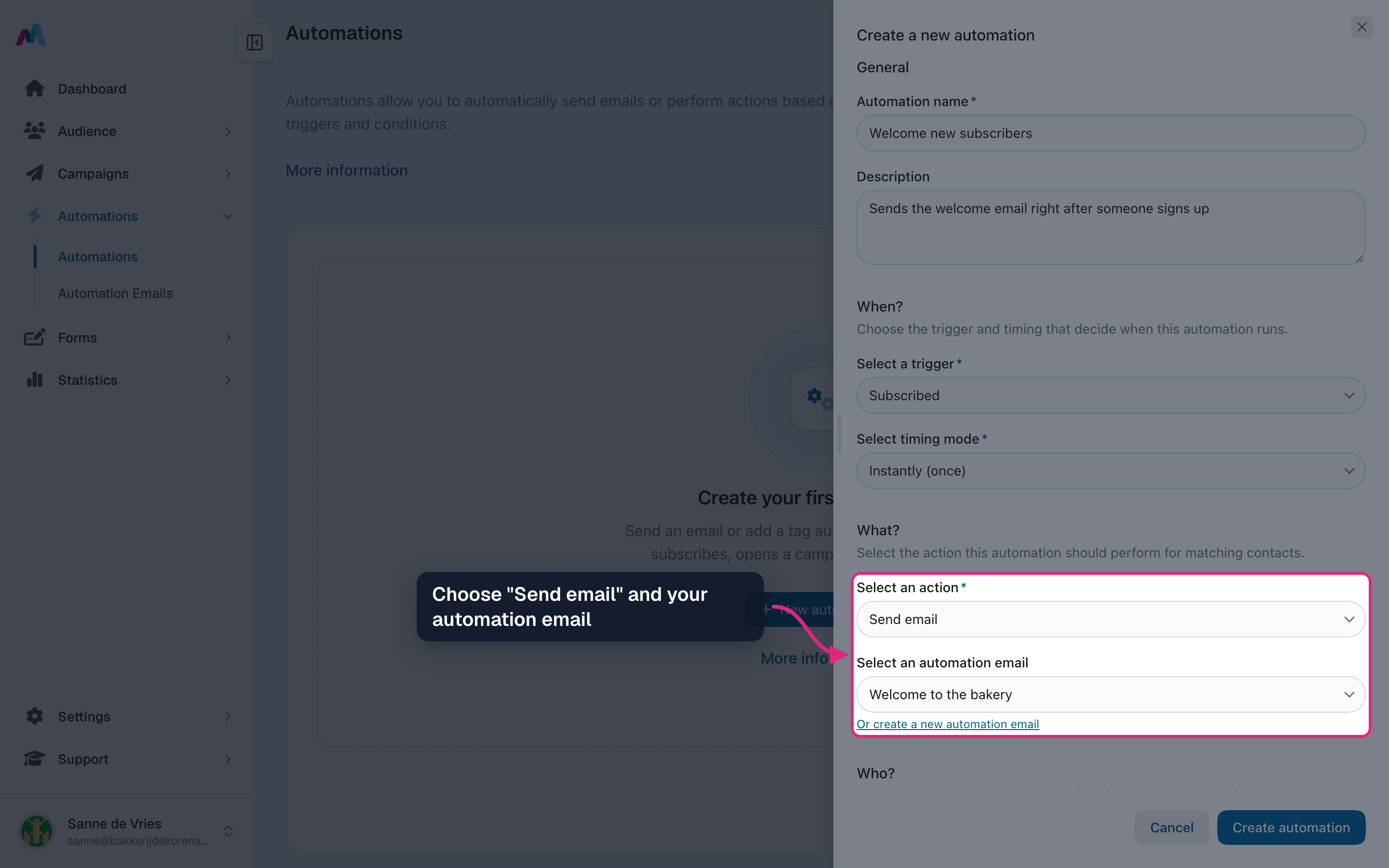 The action "Send email" and the chosen automation email