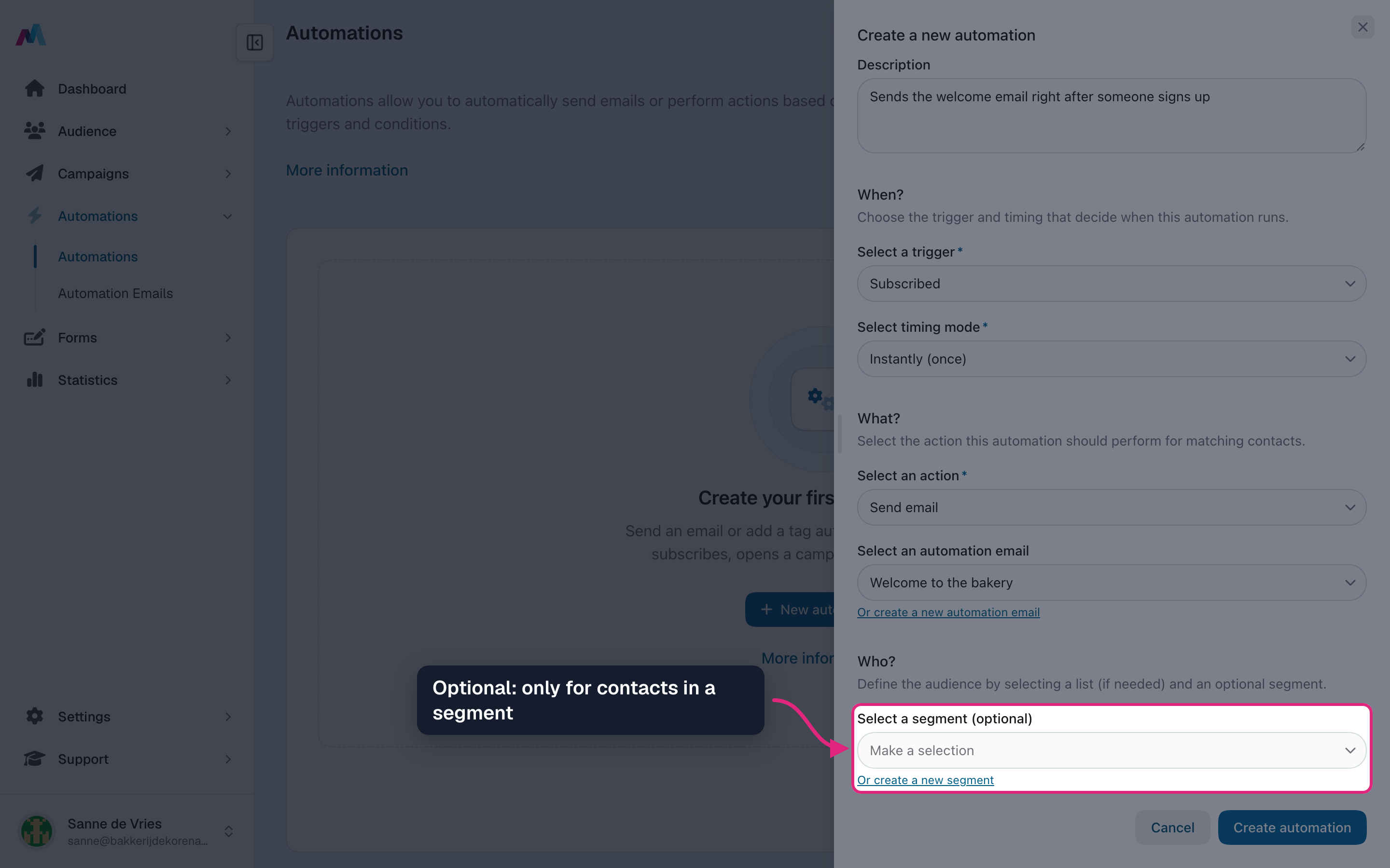 The optional segment field highlighted