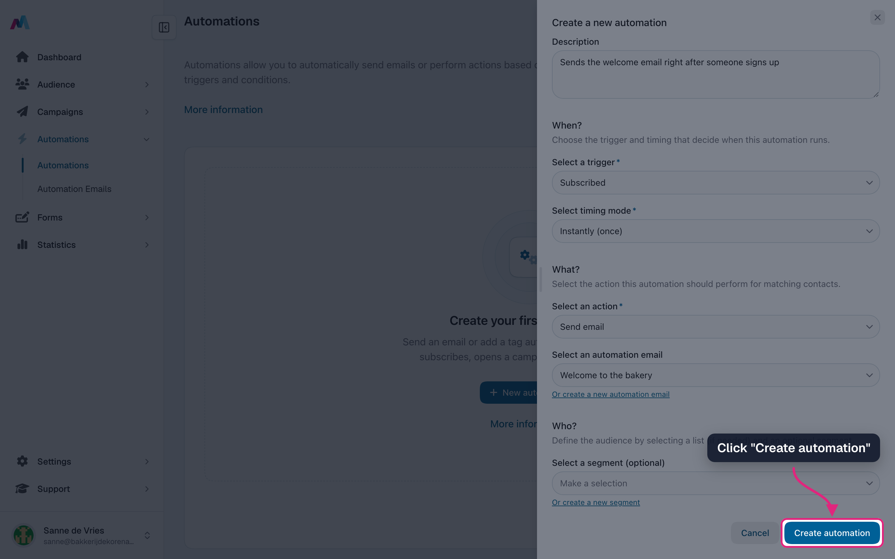 The "Create automation" button highlighted