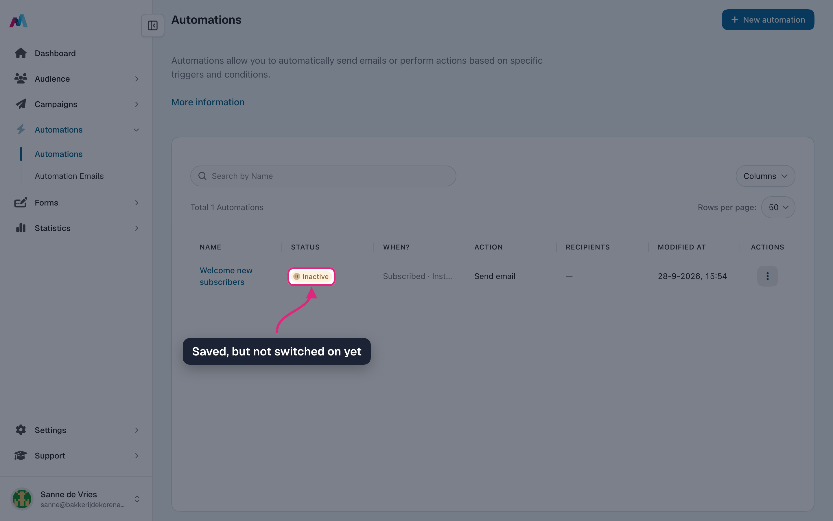 The new automation in the overview with the status "Inactive" highlighted