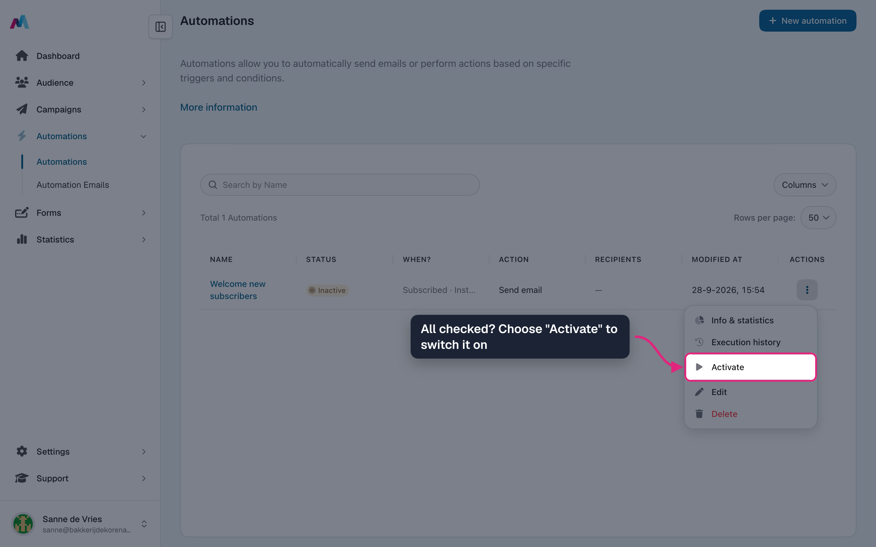 The row menu with "Activate" highlighted