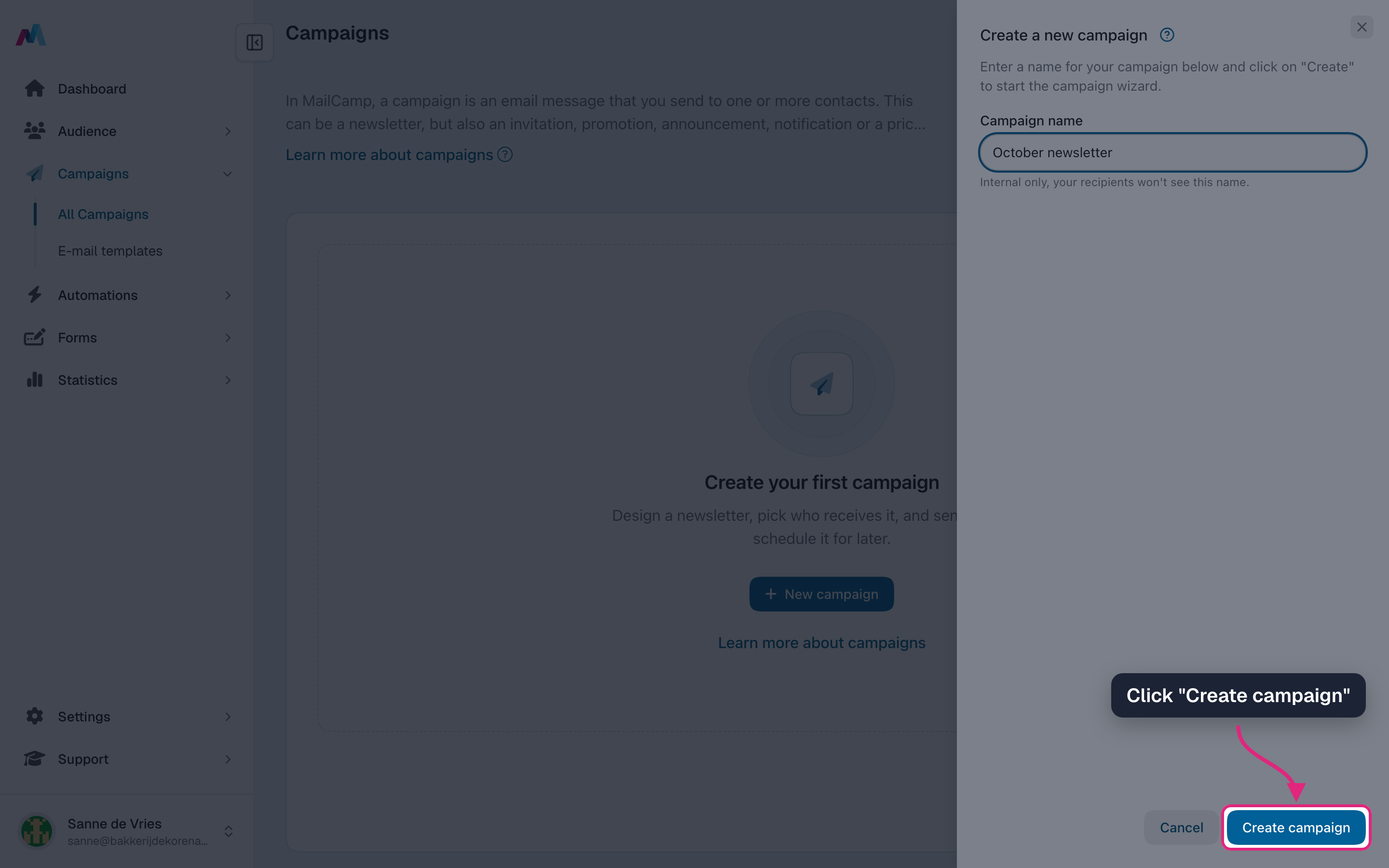 The "Create campaign" button highlighted