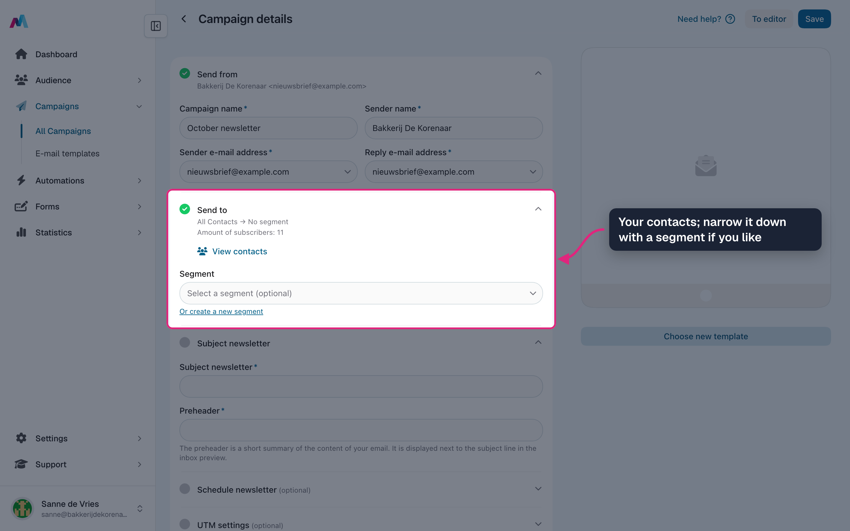 The "Send to" section with the number of contacts and the segment field