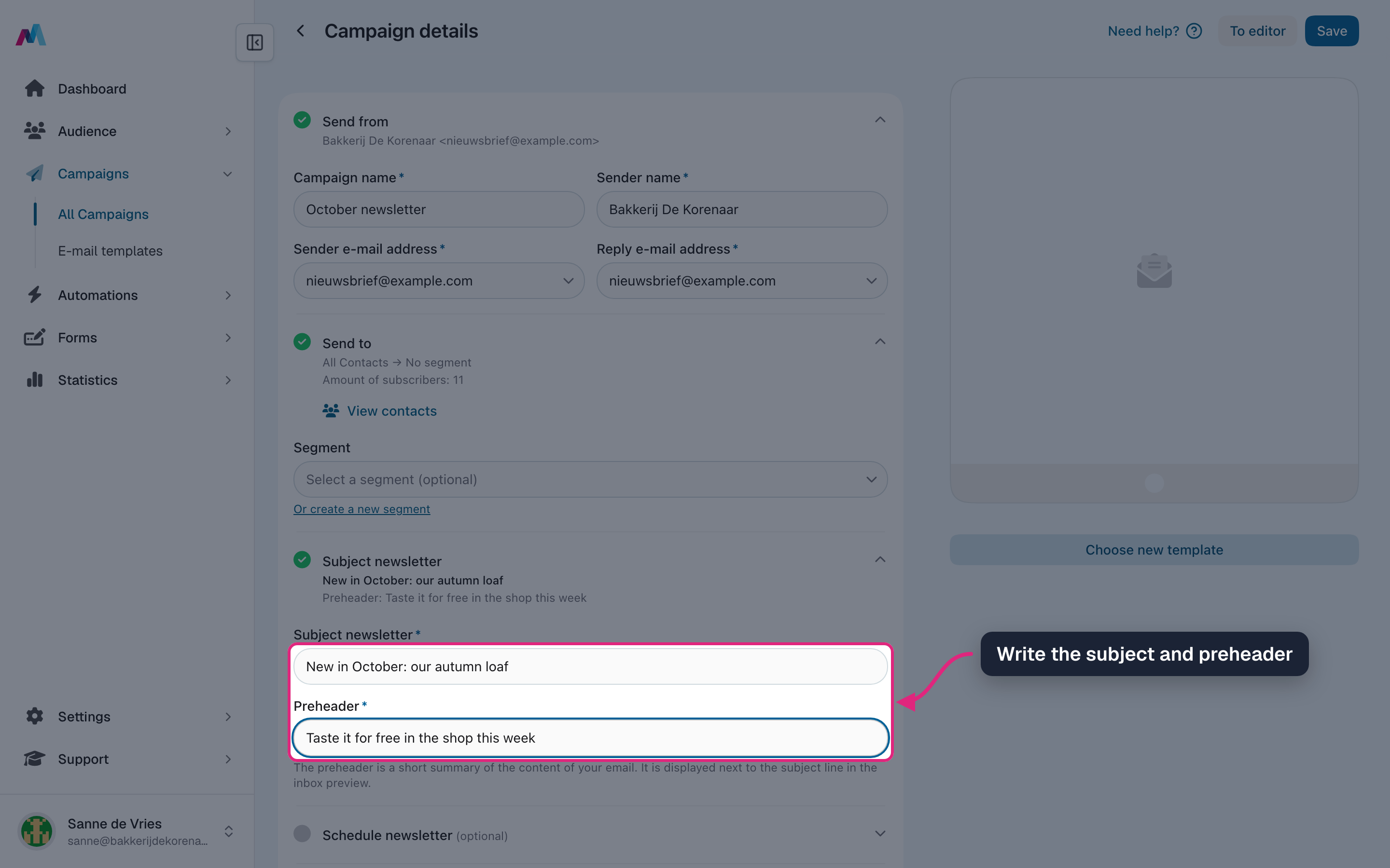 The subject and preheader fields, filled in