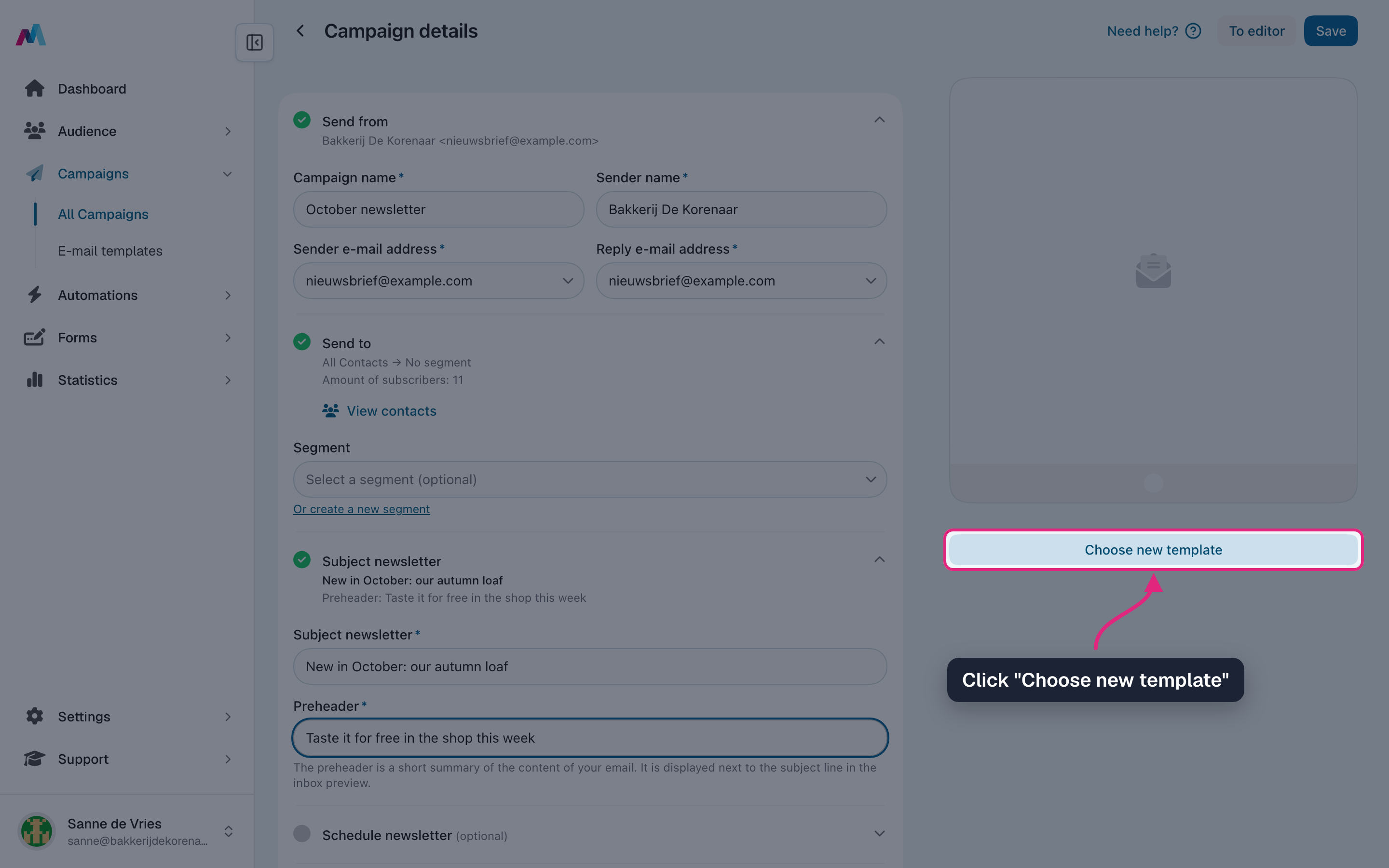 The "Choose new template" button highlighted