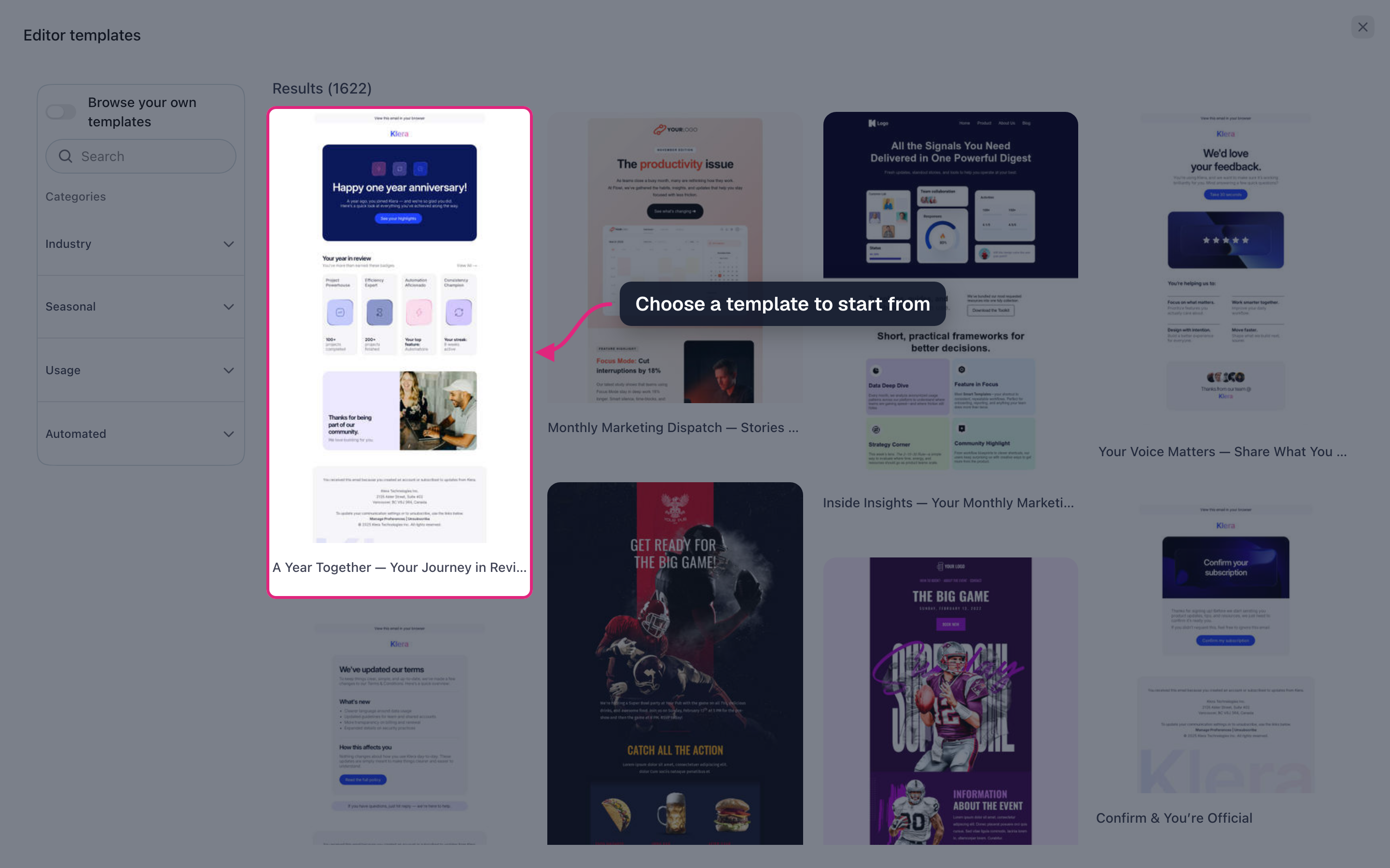 The template gallery with the first template highlighted