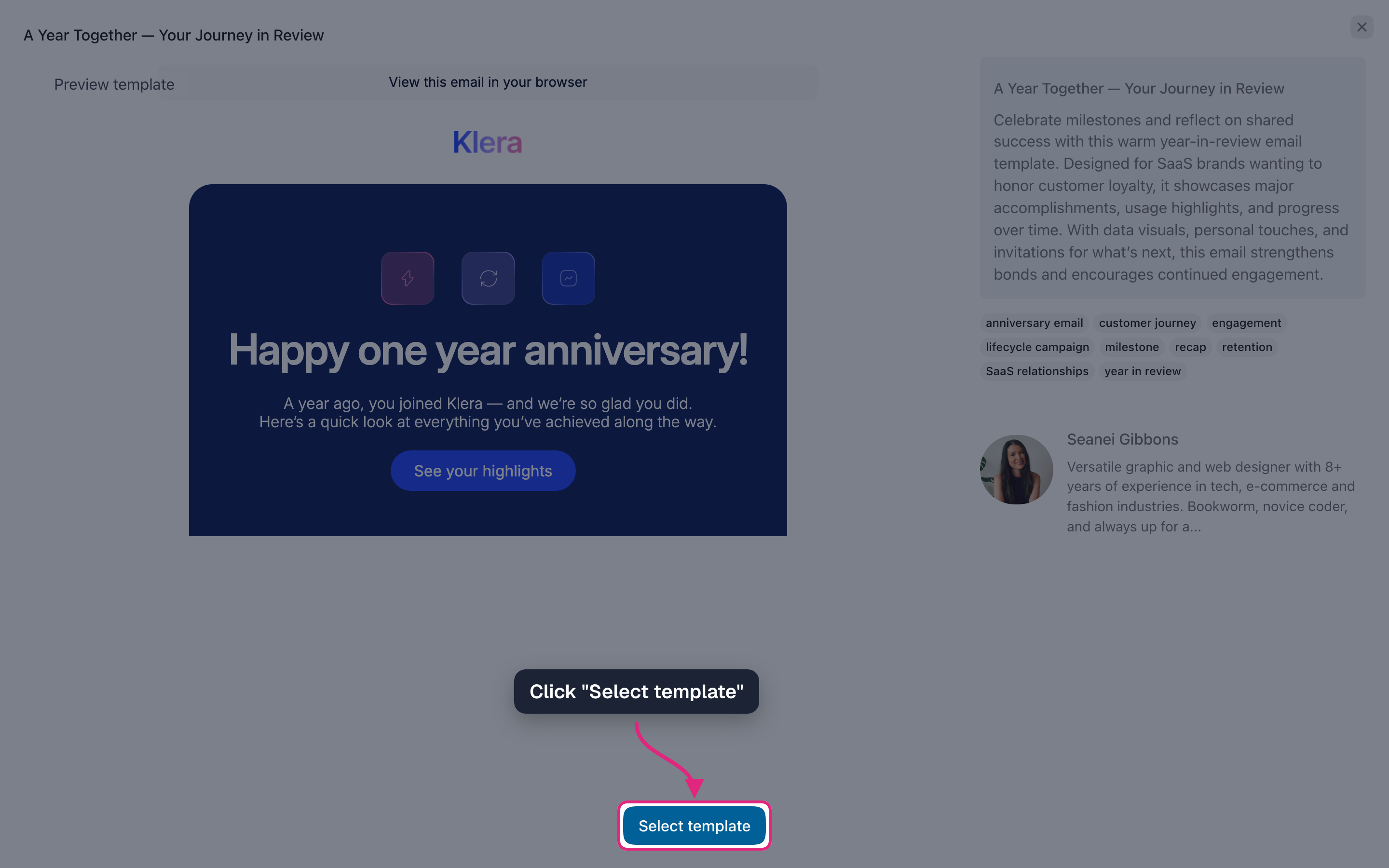 The "Select template" button highlighted