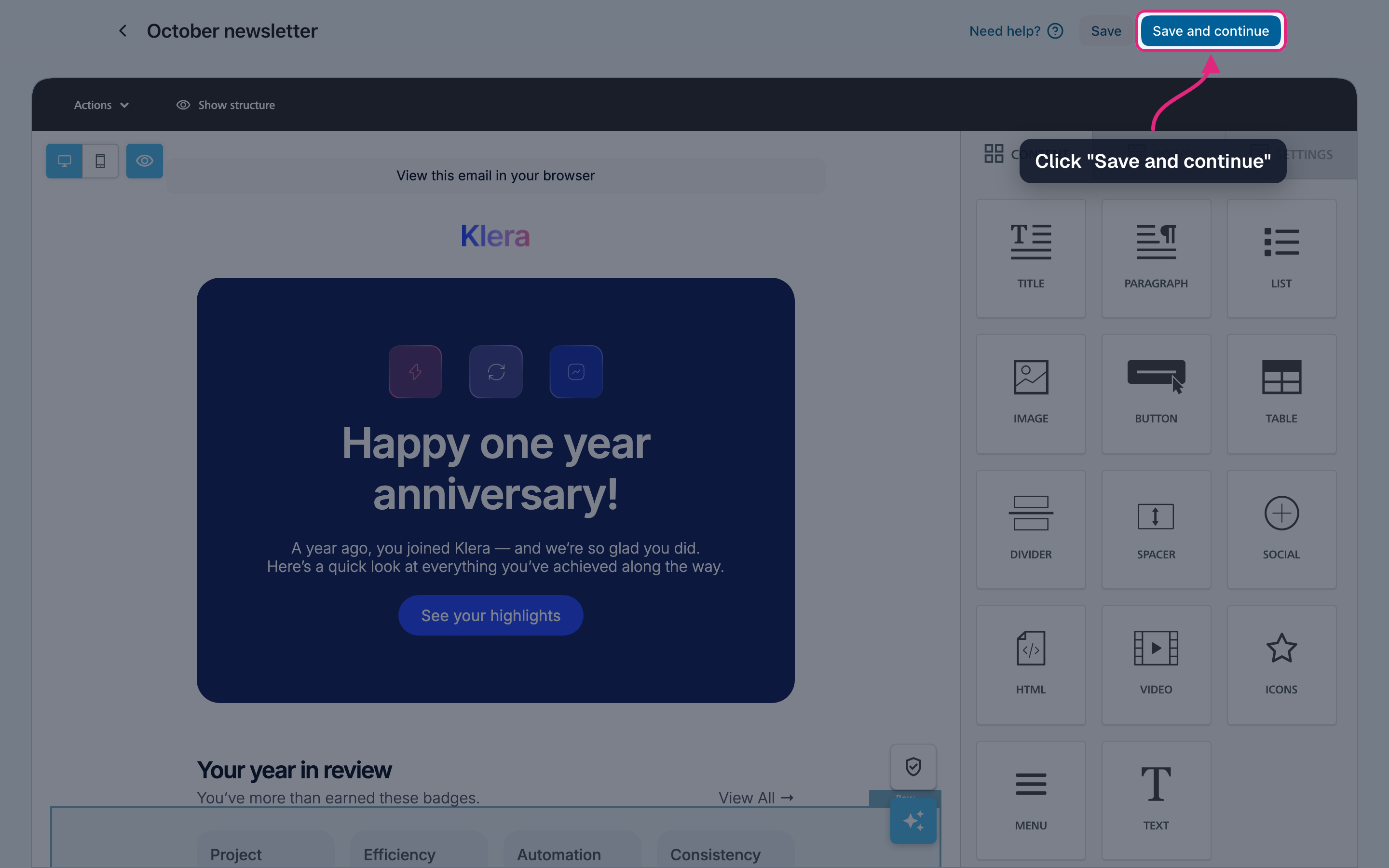 The "Save and continue" button highlighted