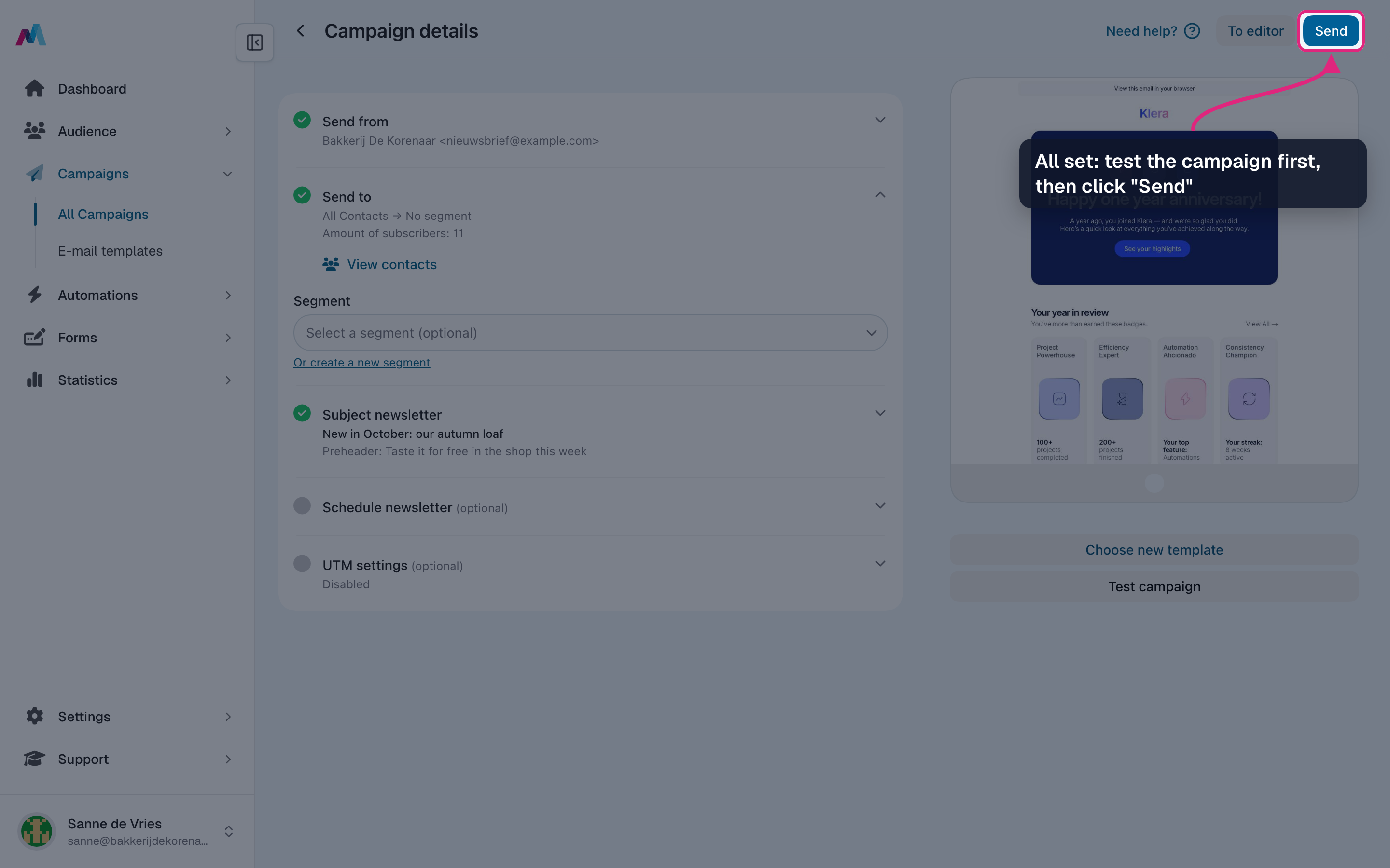 The campaign details with every section complete and "Send" highlighted