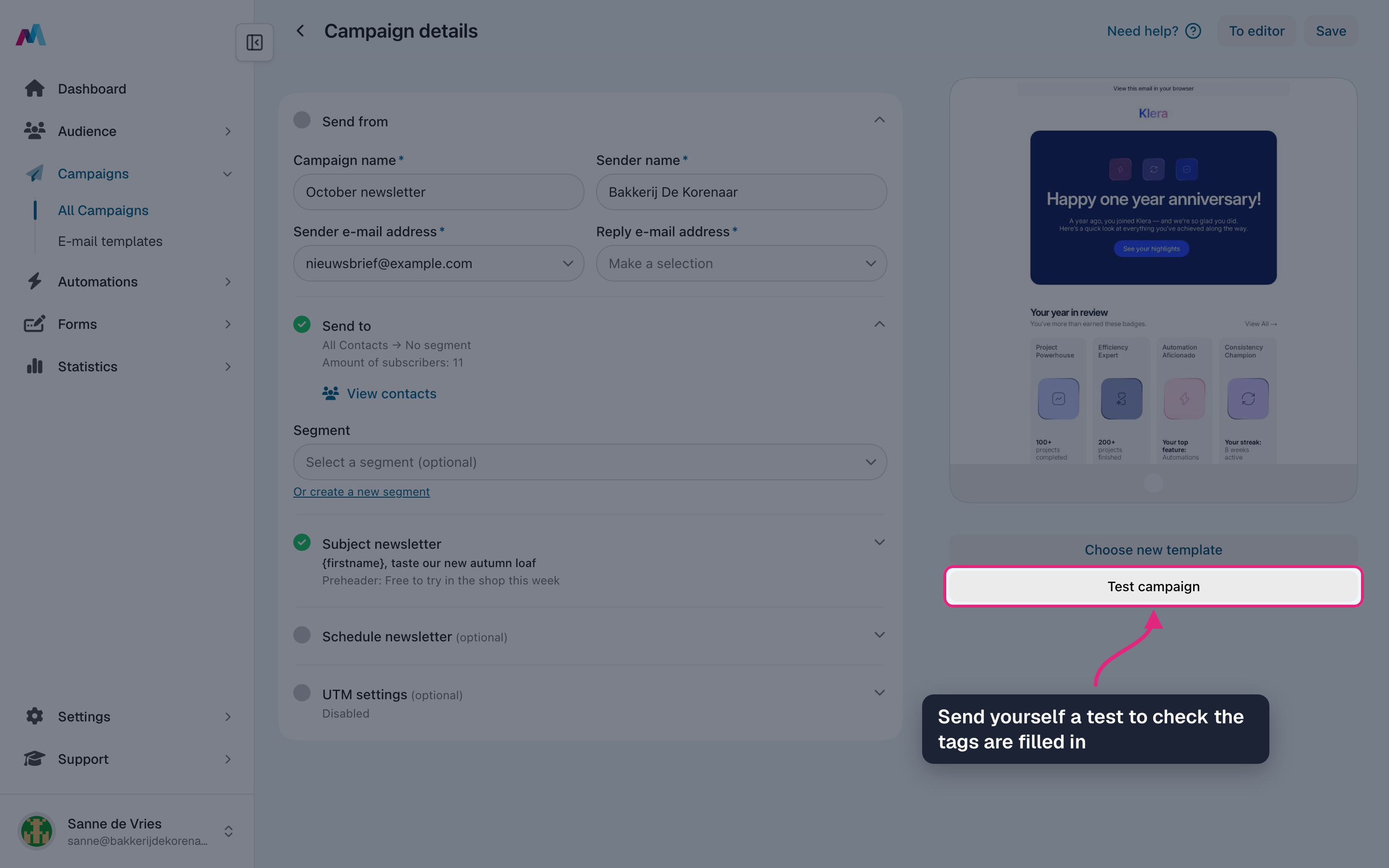 The campaign details with the "Test campaign" button highlighted