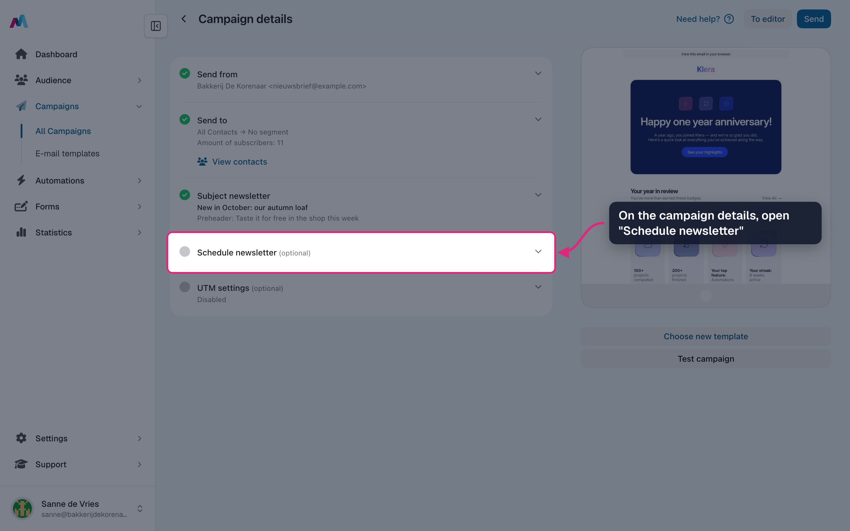 The campaign details with the "Schedule newsletter" section highlighted