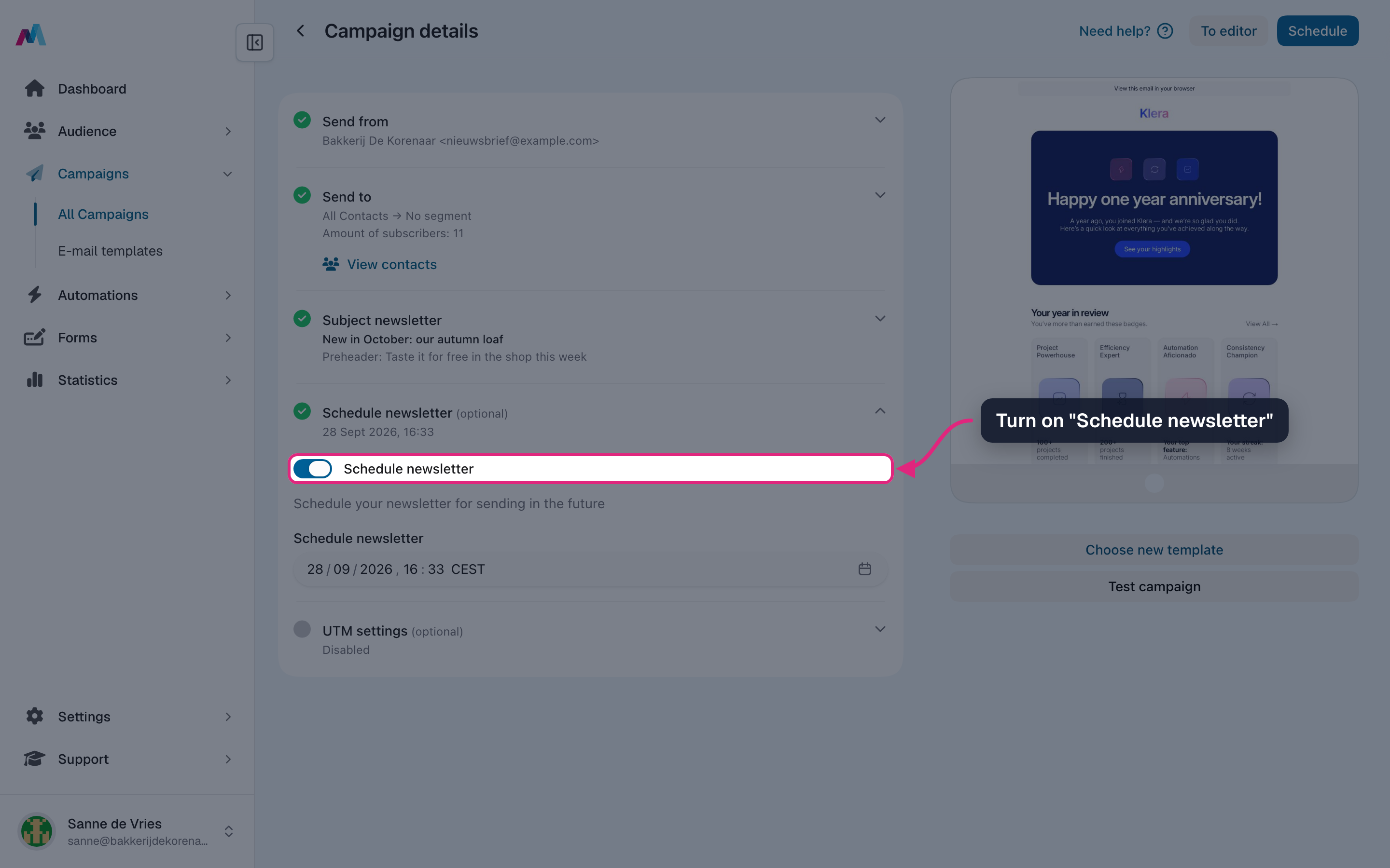 The "Schedule newsletter" switch turned on