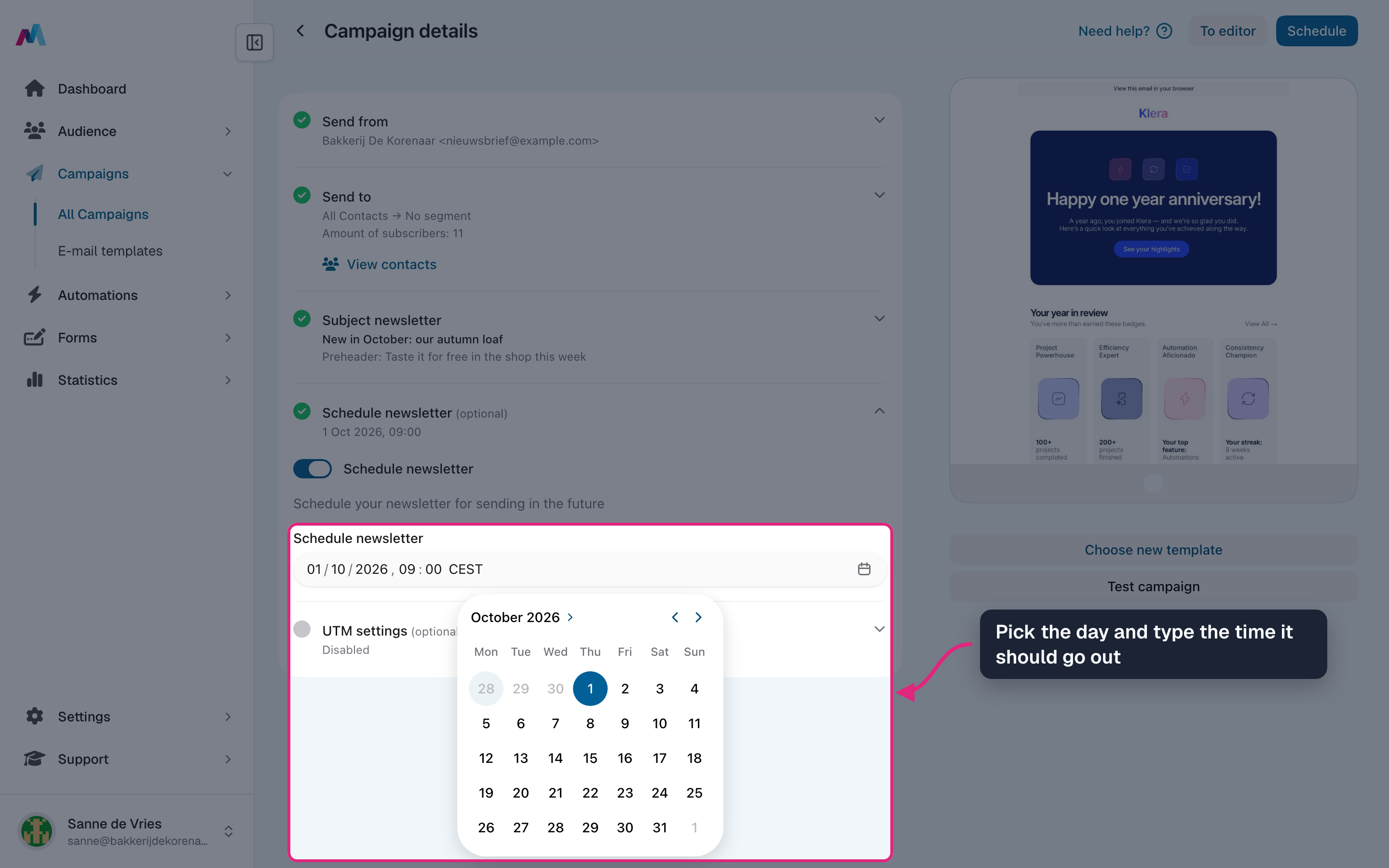 The date field with the calendar open
