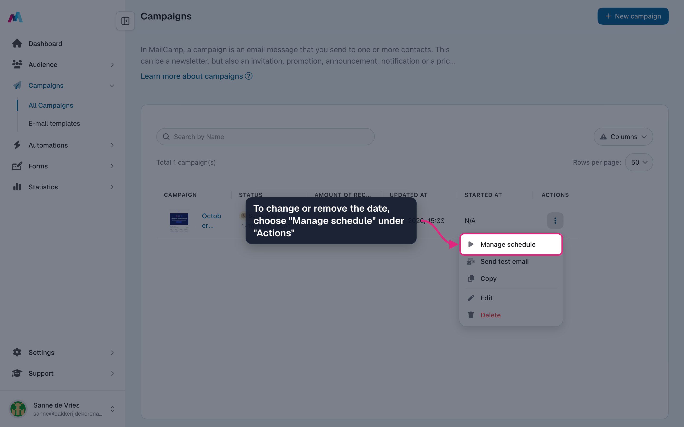 The row's Actions menu with "Manage schedule" highlighted