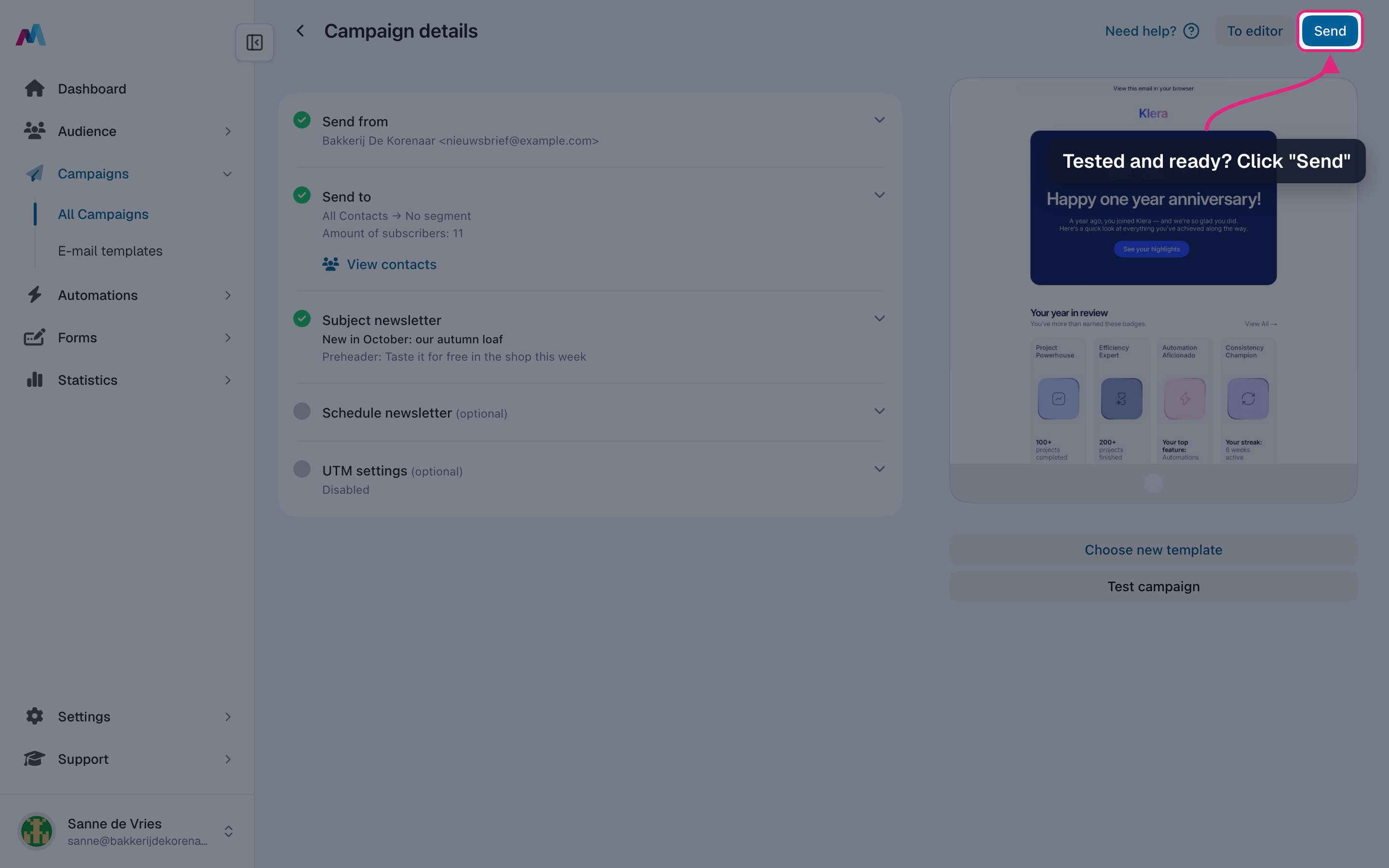 The campaign details with "Send" highlighted