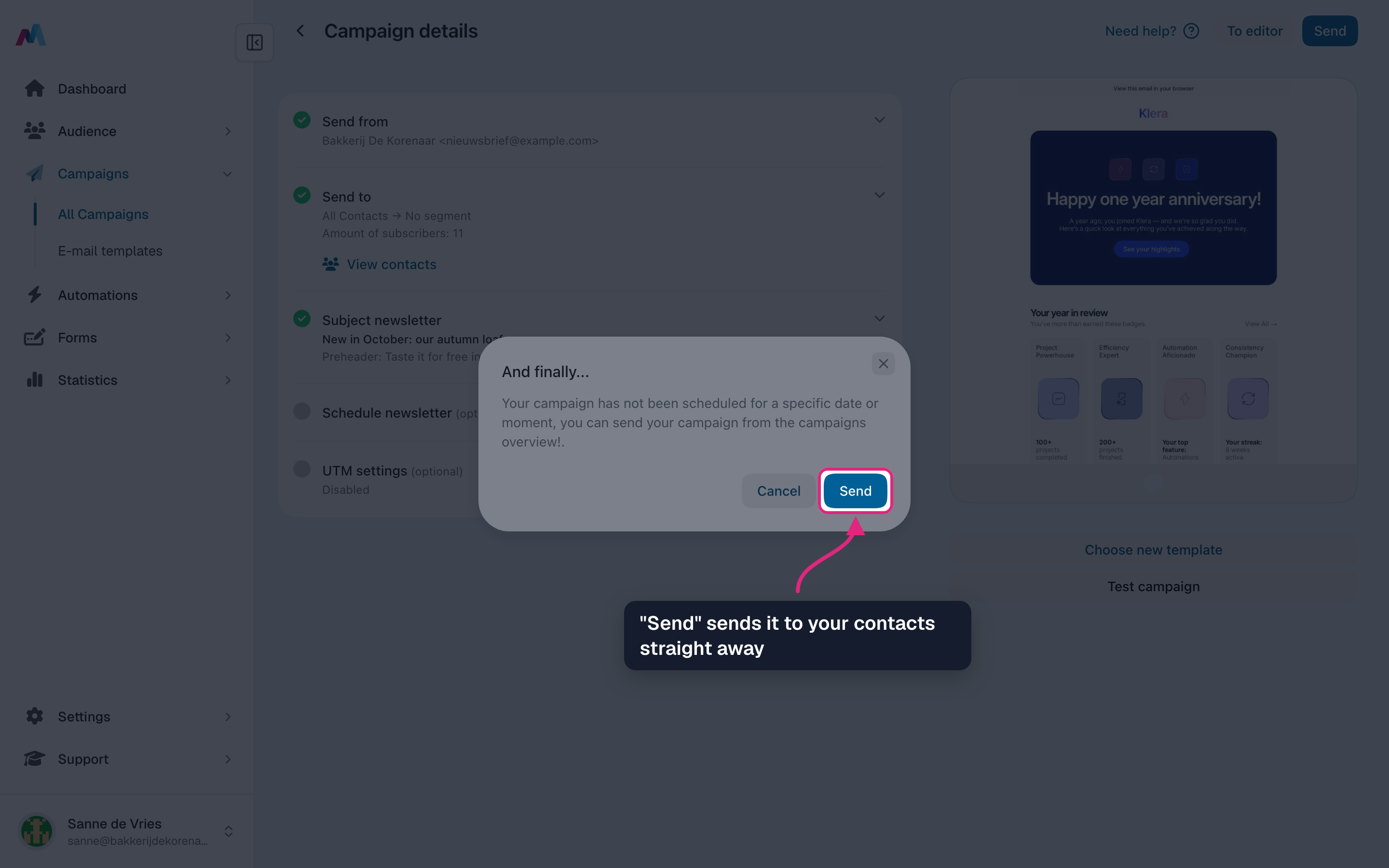 The confirm window with its "Send" button highlighted