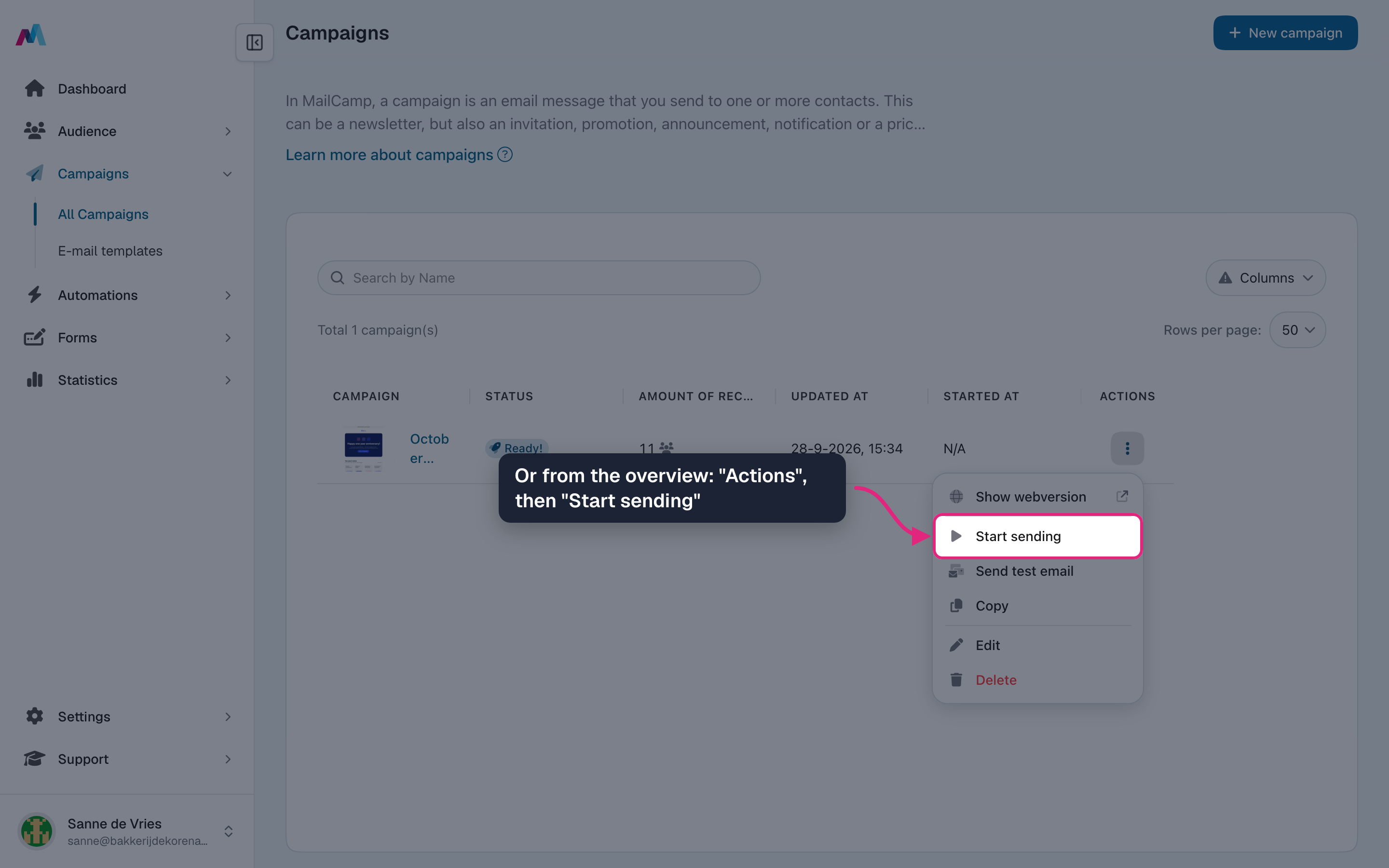 The row's Actions menu with "Start sending" highlighted