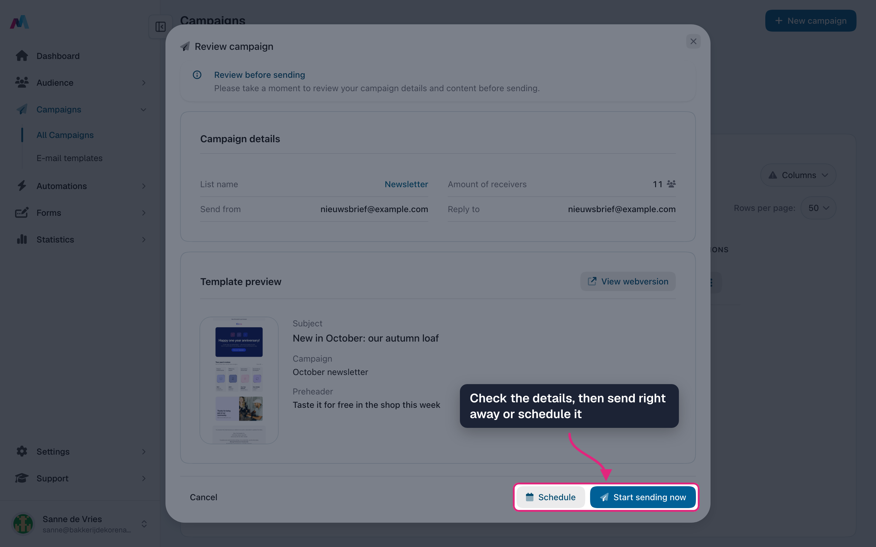 The review window with "Schedule" and "Start sending now" highlighted