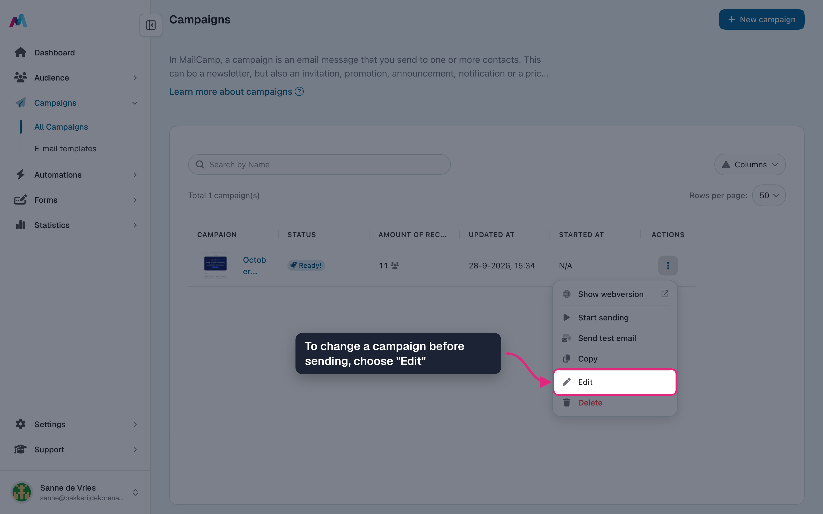 The row's Actions menu with "Edit" highlighted