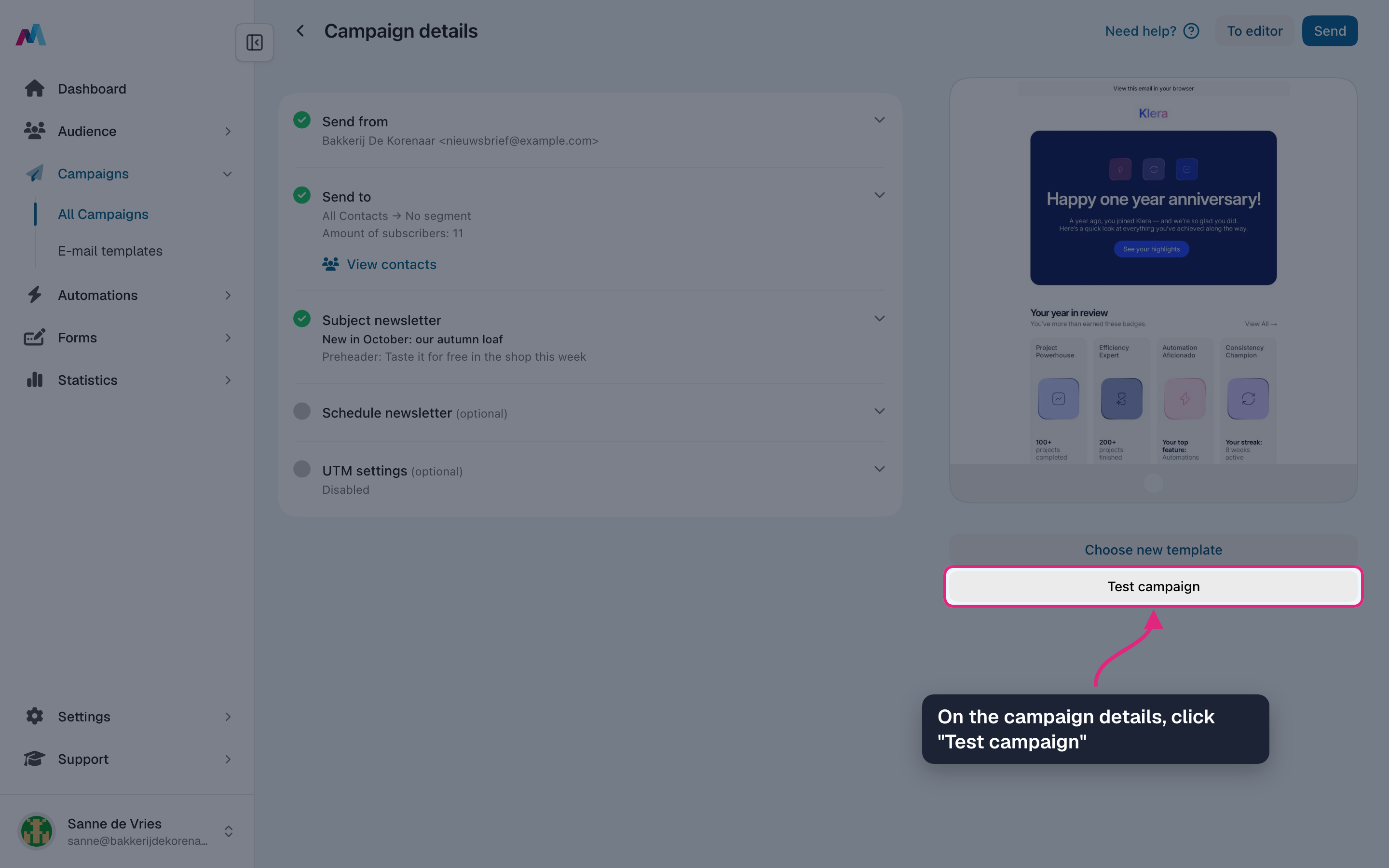 The campaign details with "Test campaign" highlighted