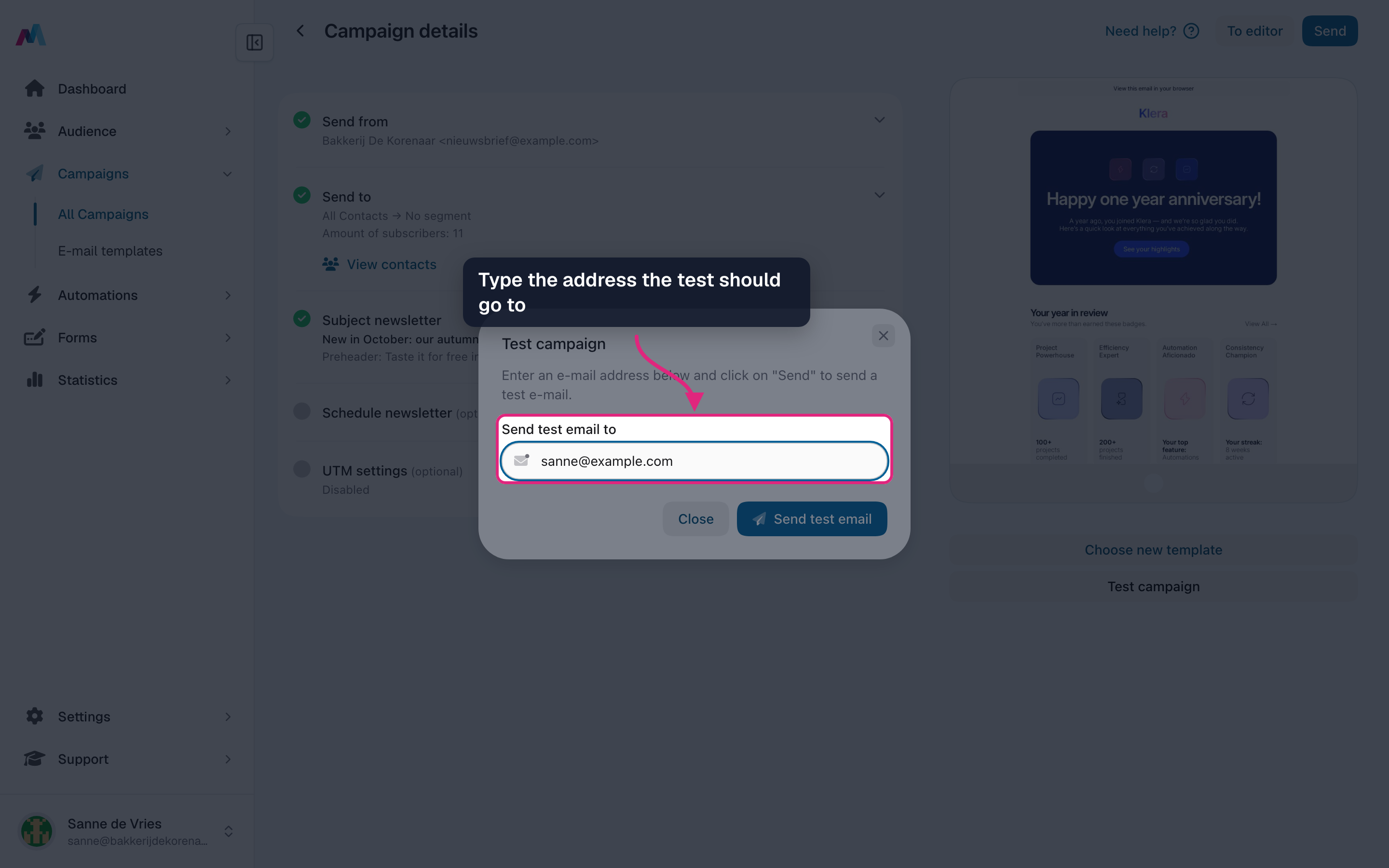 The test window with the address field filled in