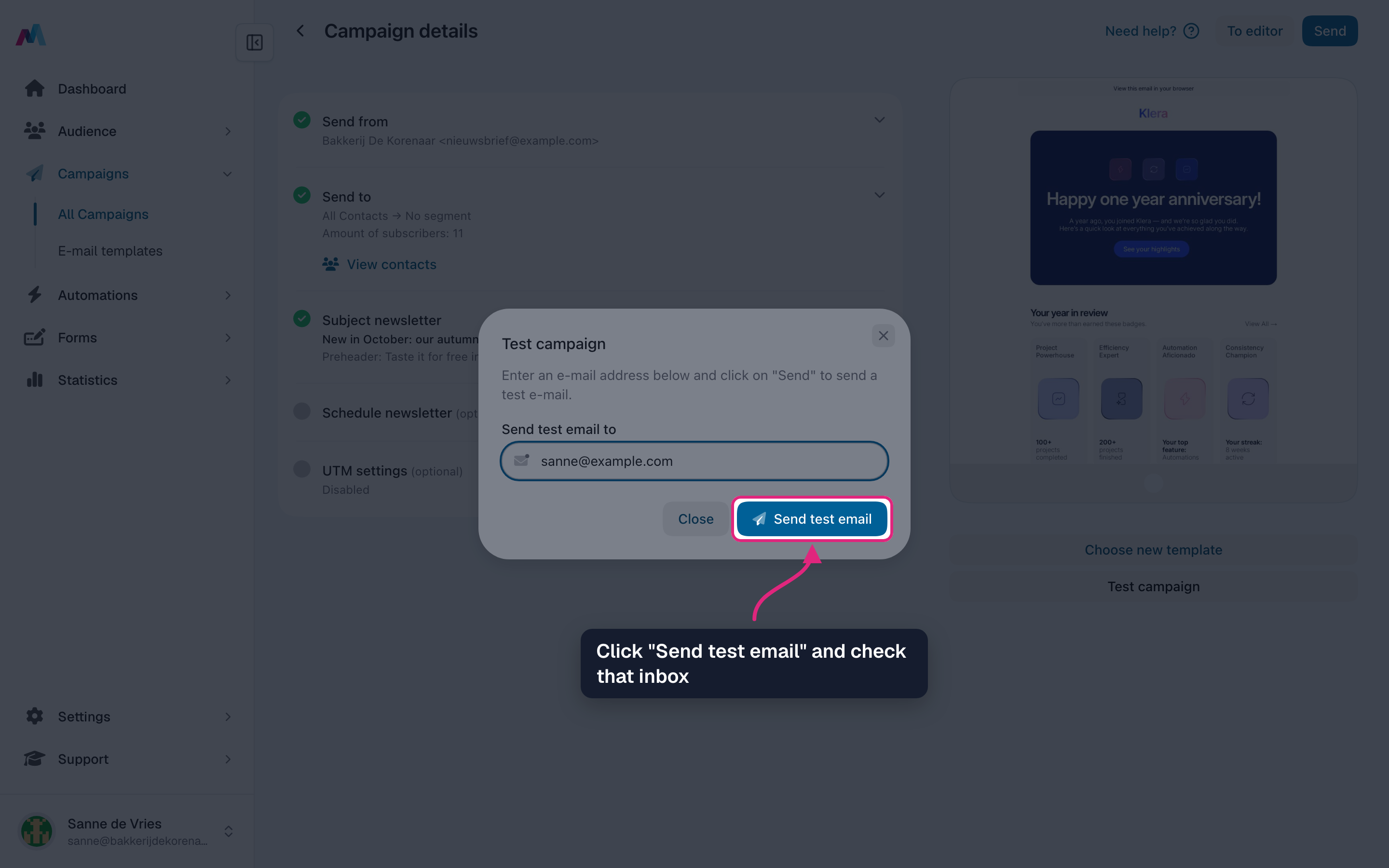 The "Send test email" button highlighted