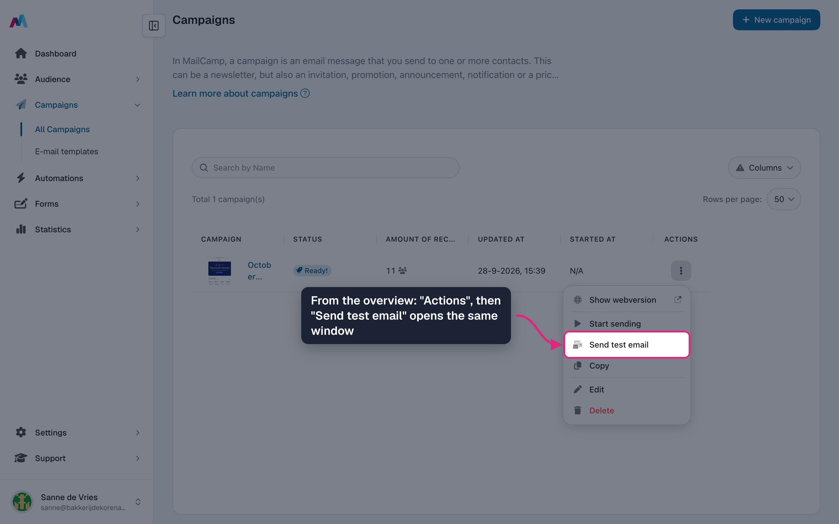 The row's Actions menu with "Send test email" highlighted