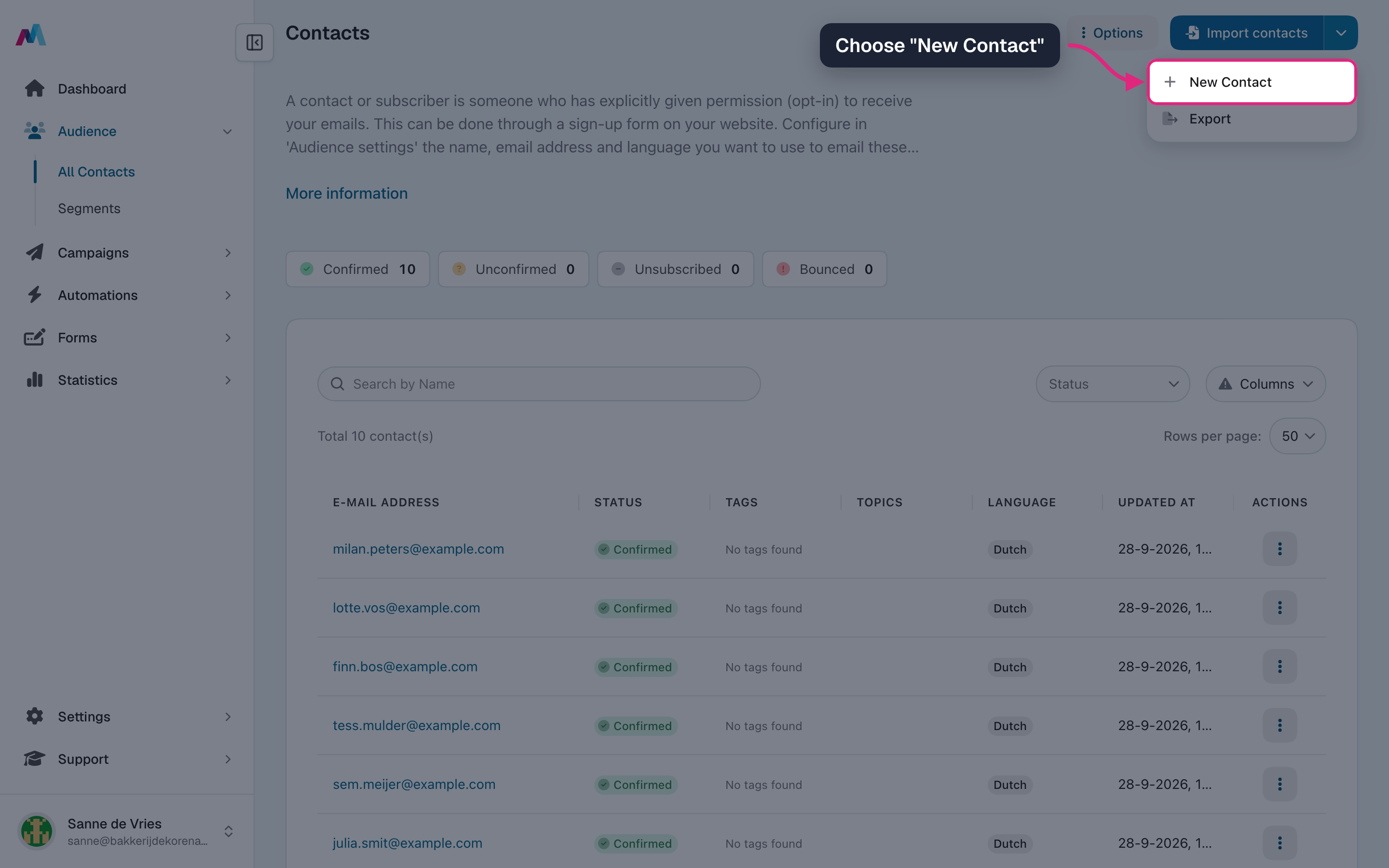 The open menu with "New Contact" highlighted