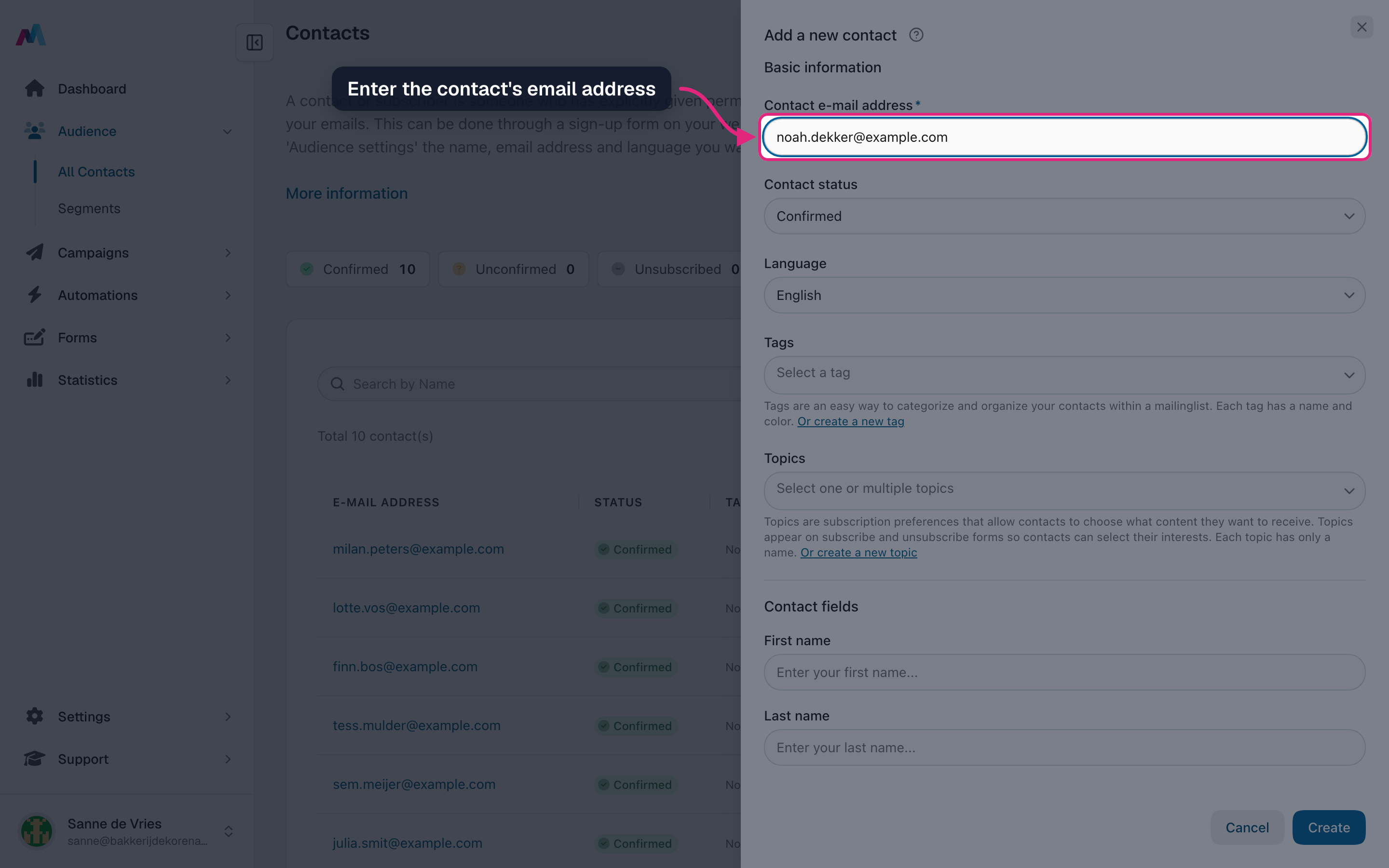 The new contact form with the email address field highlighted
