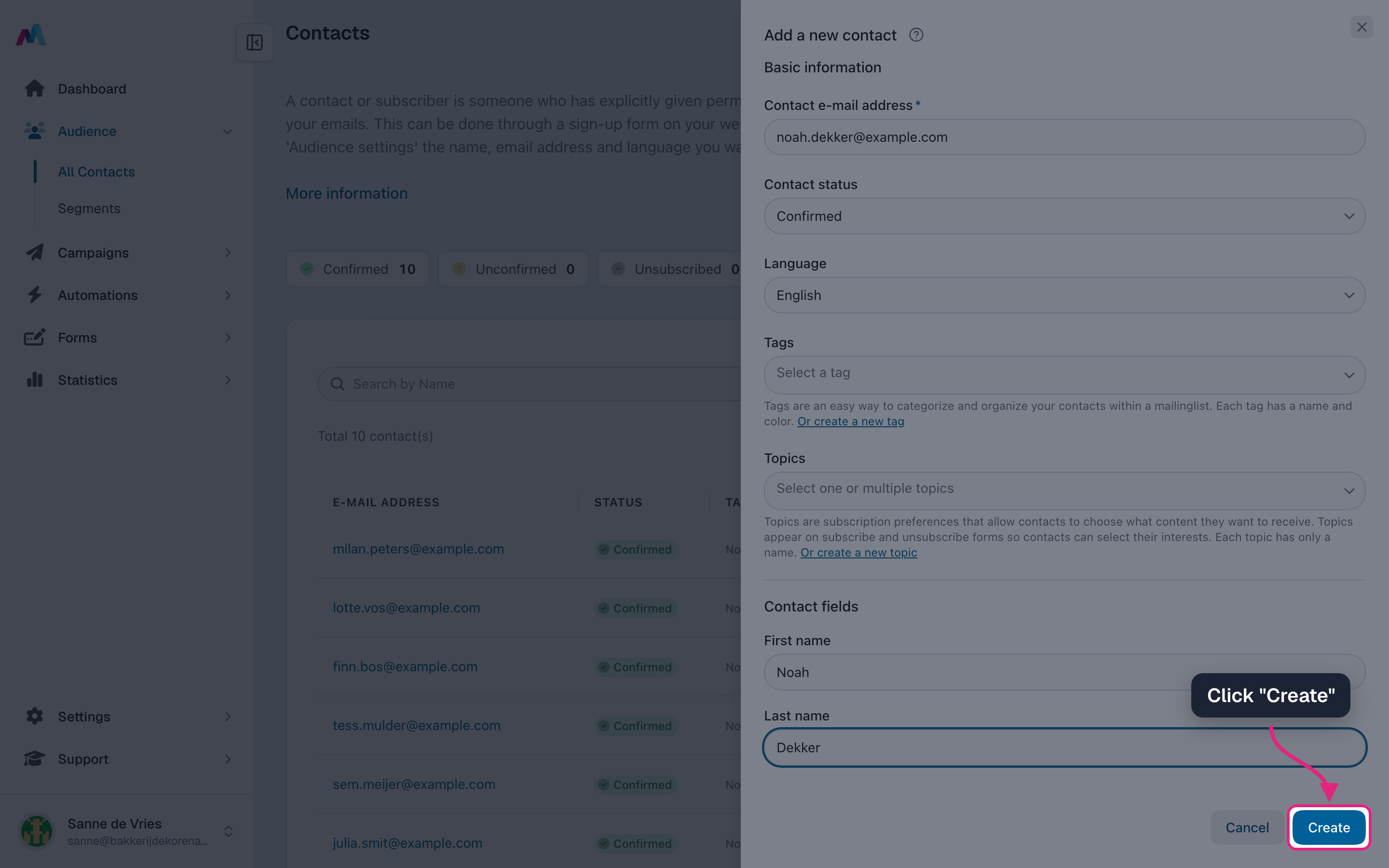 The Create button highlighted
