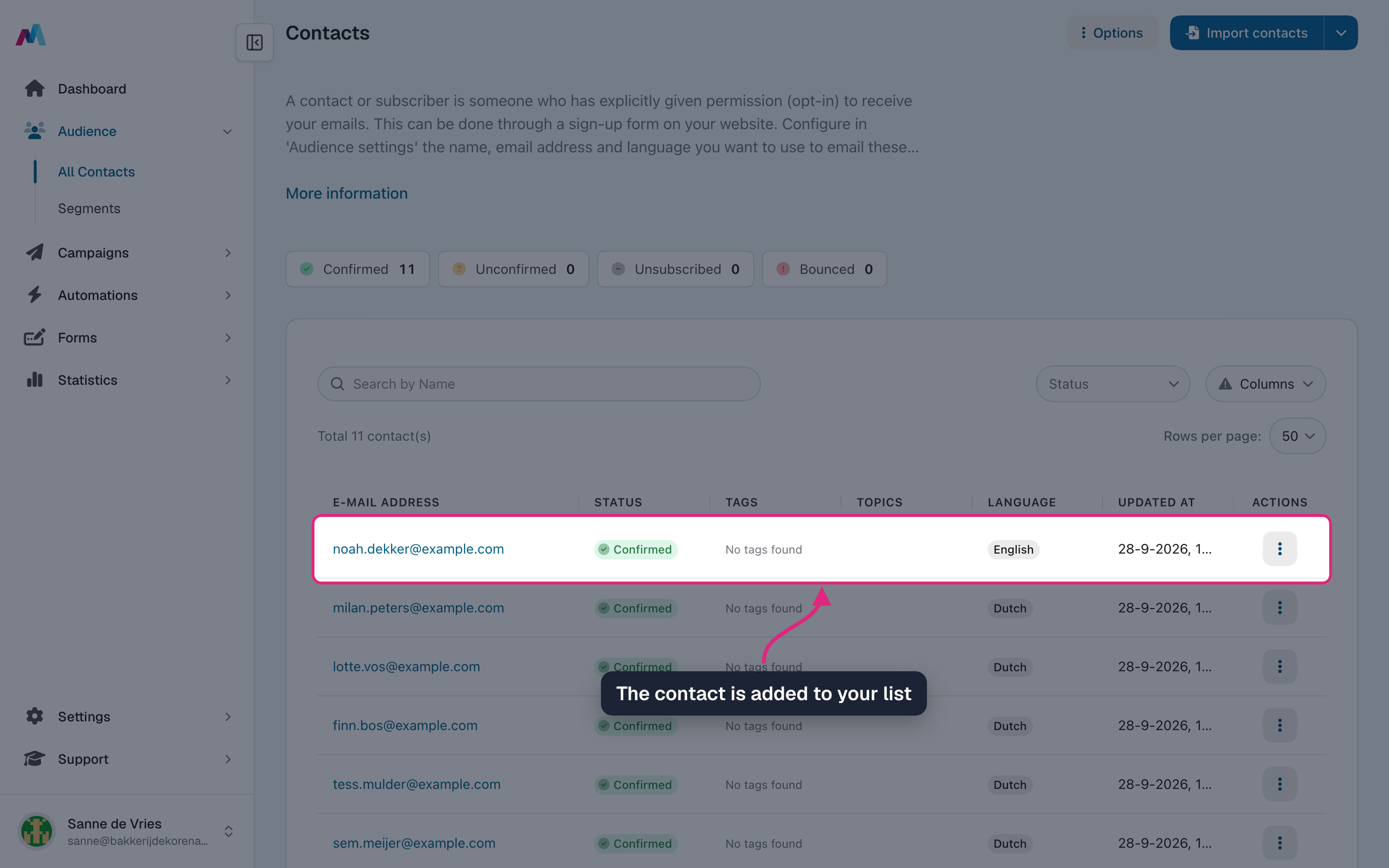 The contact list with the new contact highlighted
