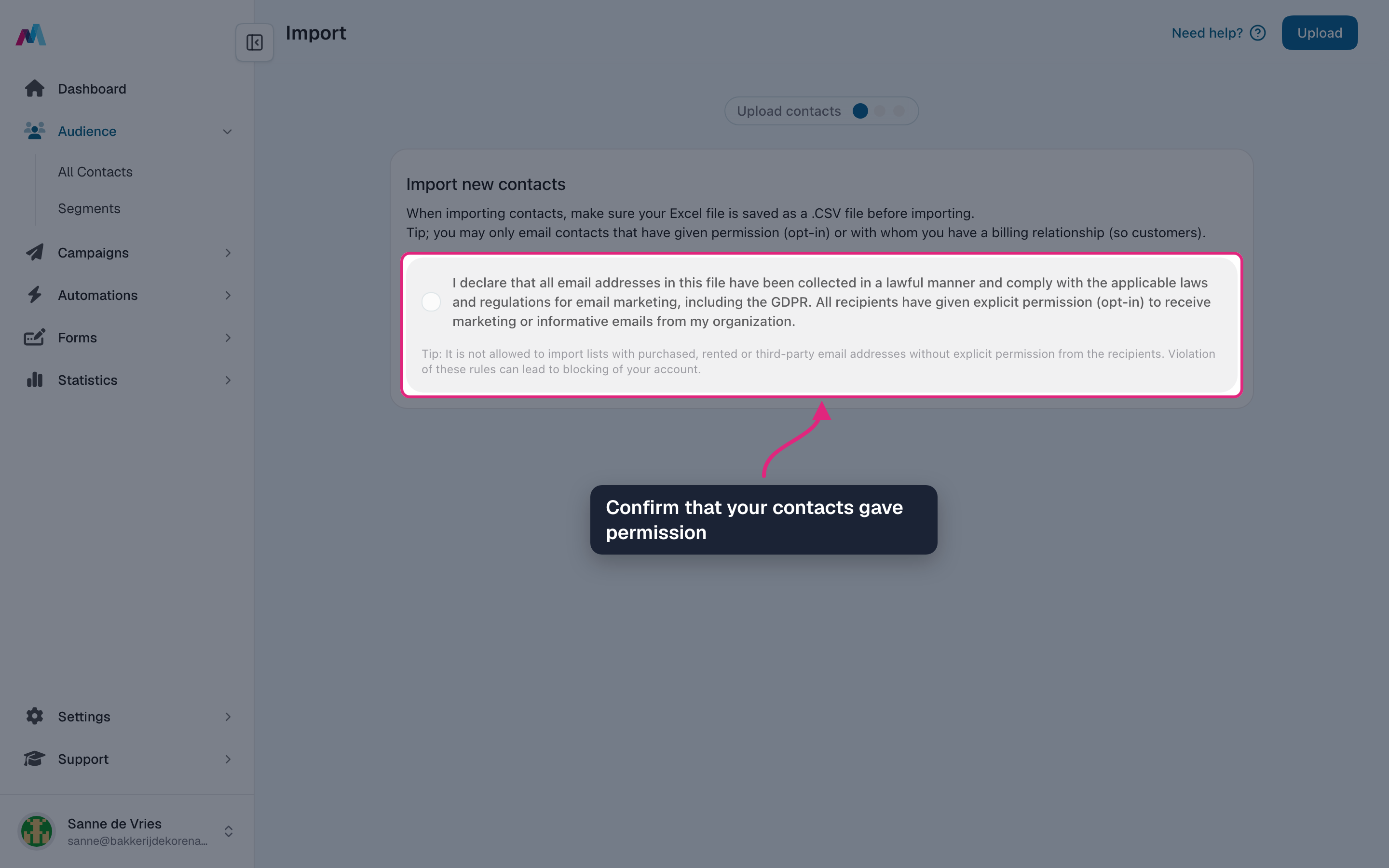The permission statement highlighted