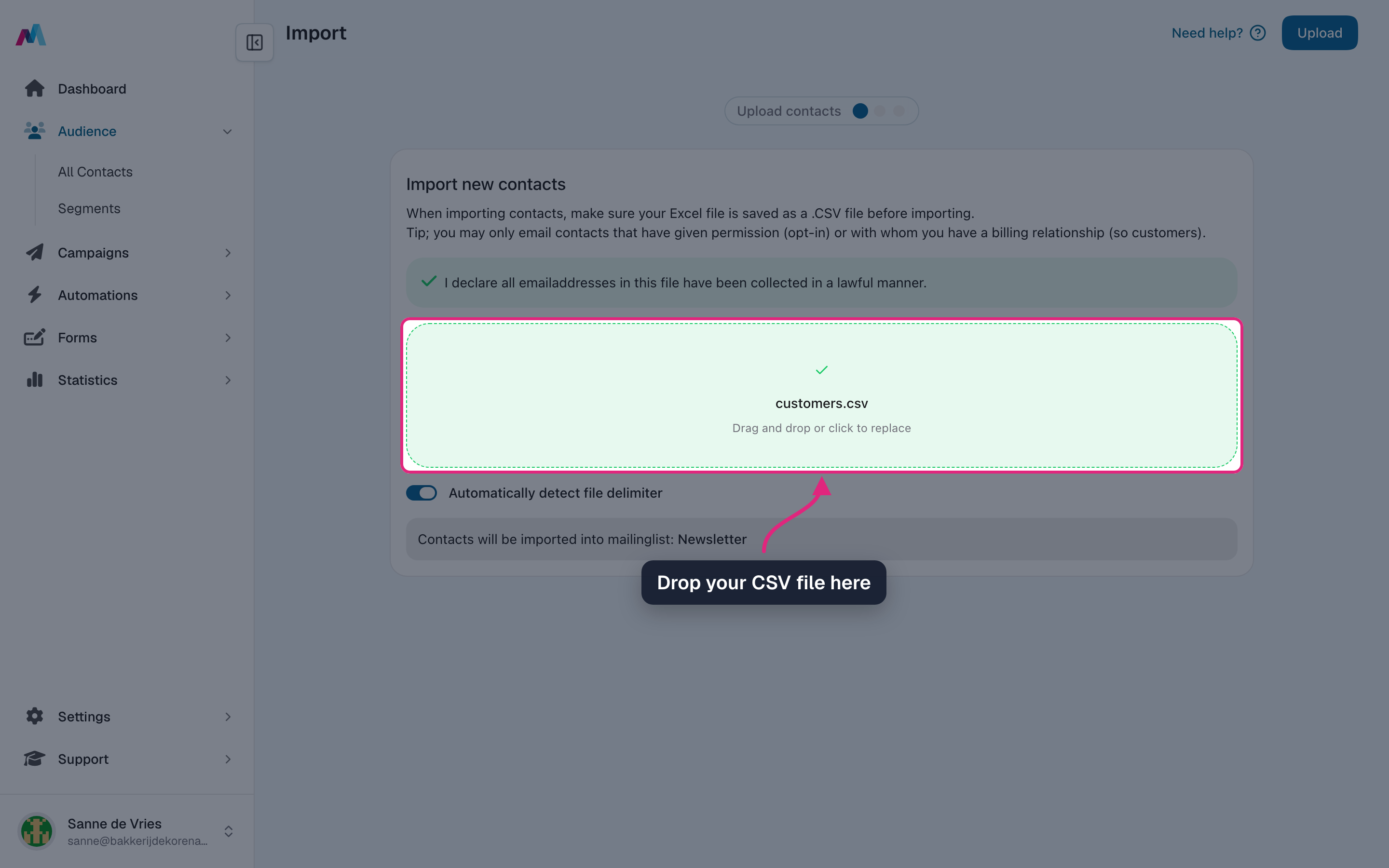 The upload area with a CSV file added