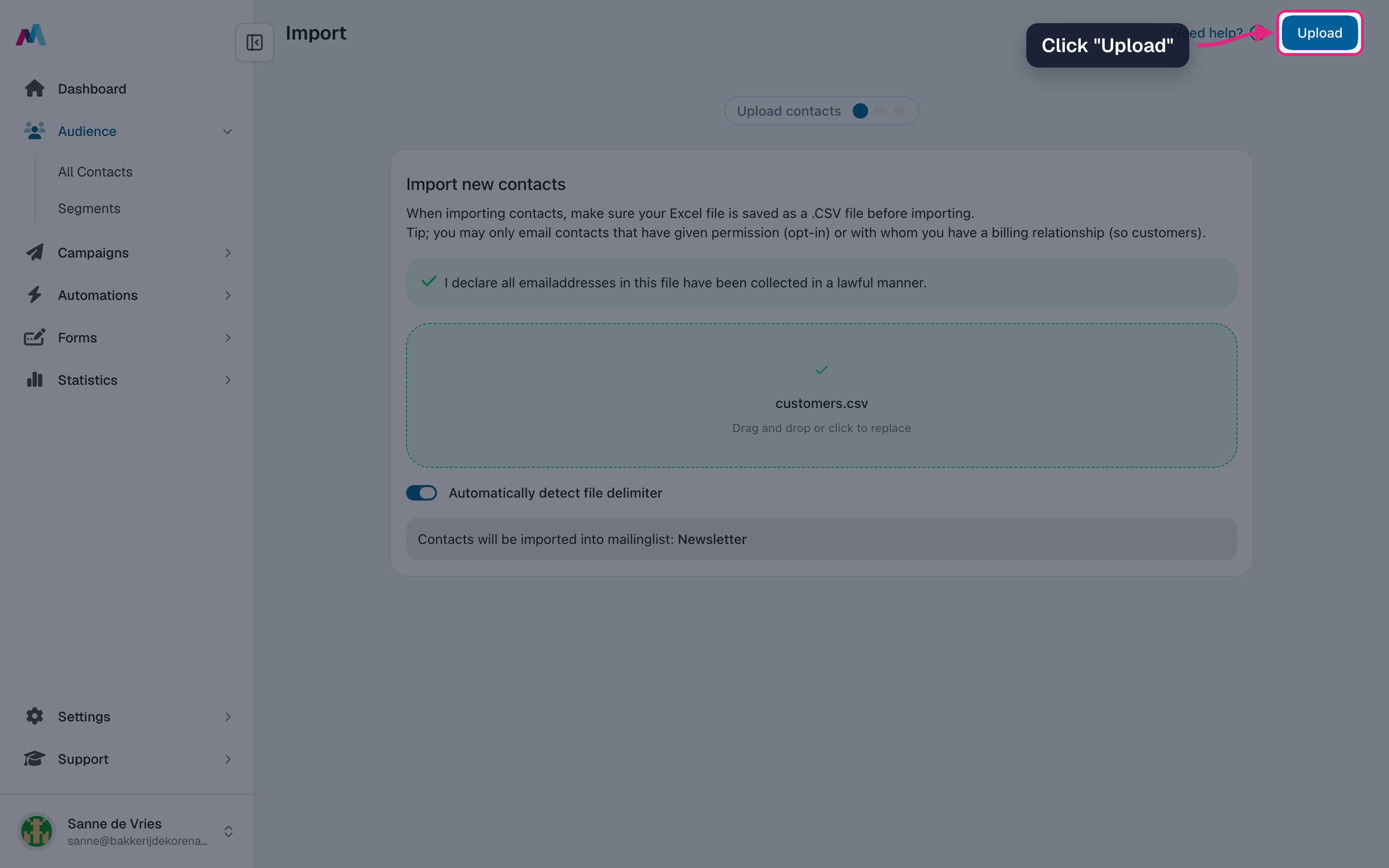 The Upload button highlighted