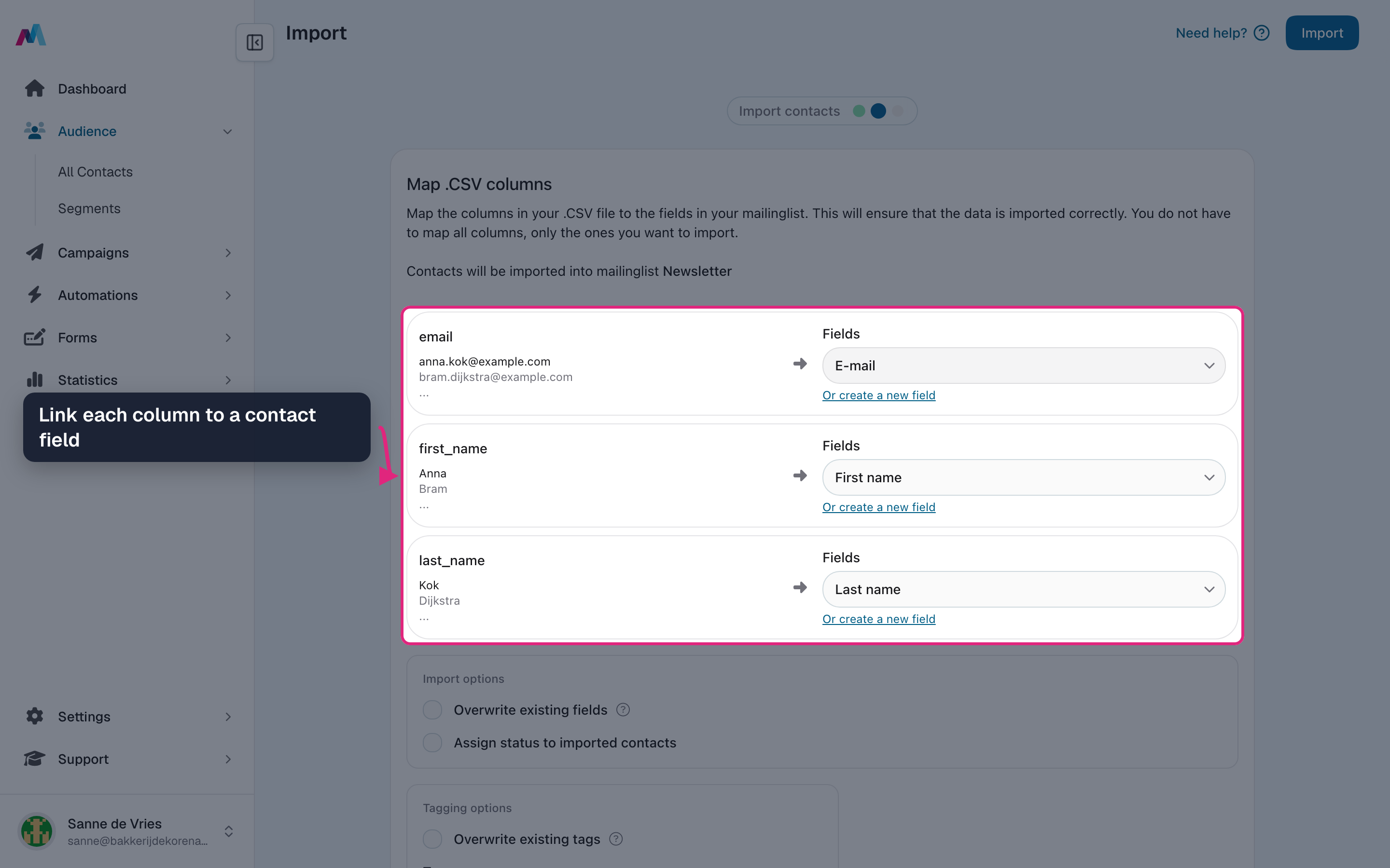 The email, first name and last name columns linked to contact fields