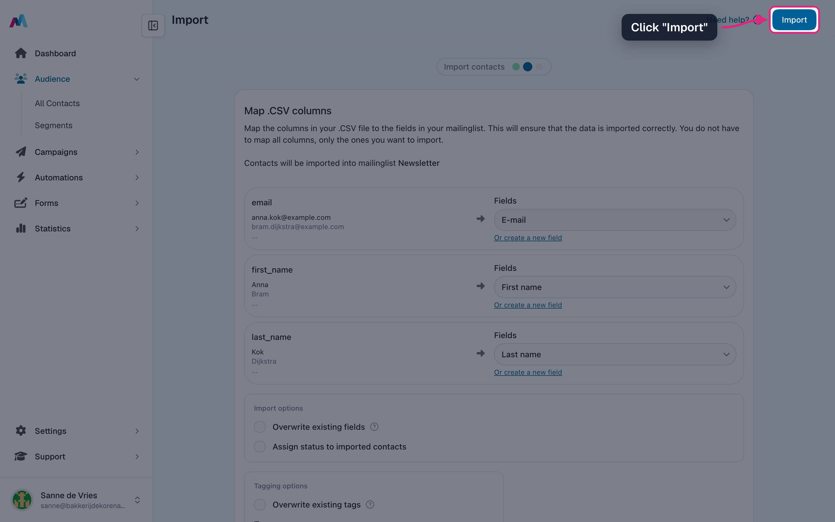 The Import button highlighted