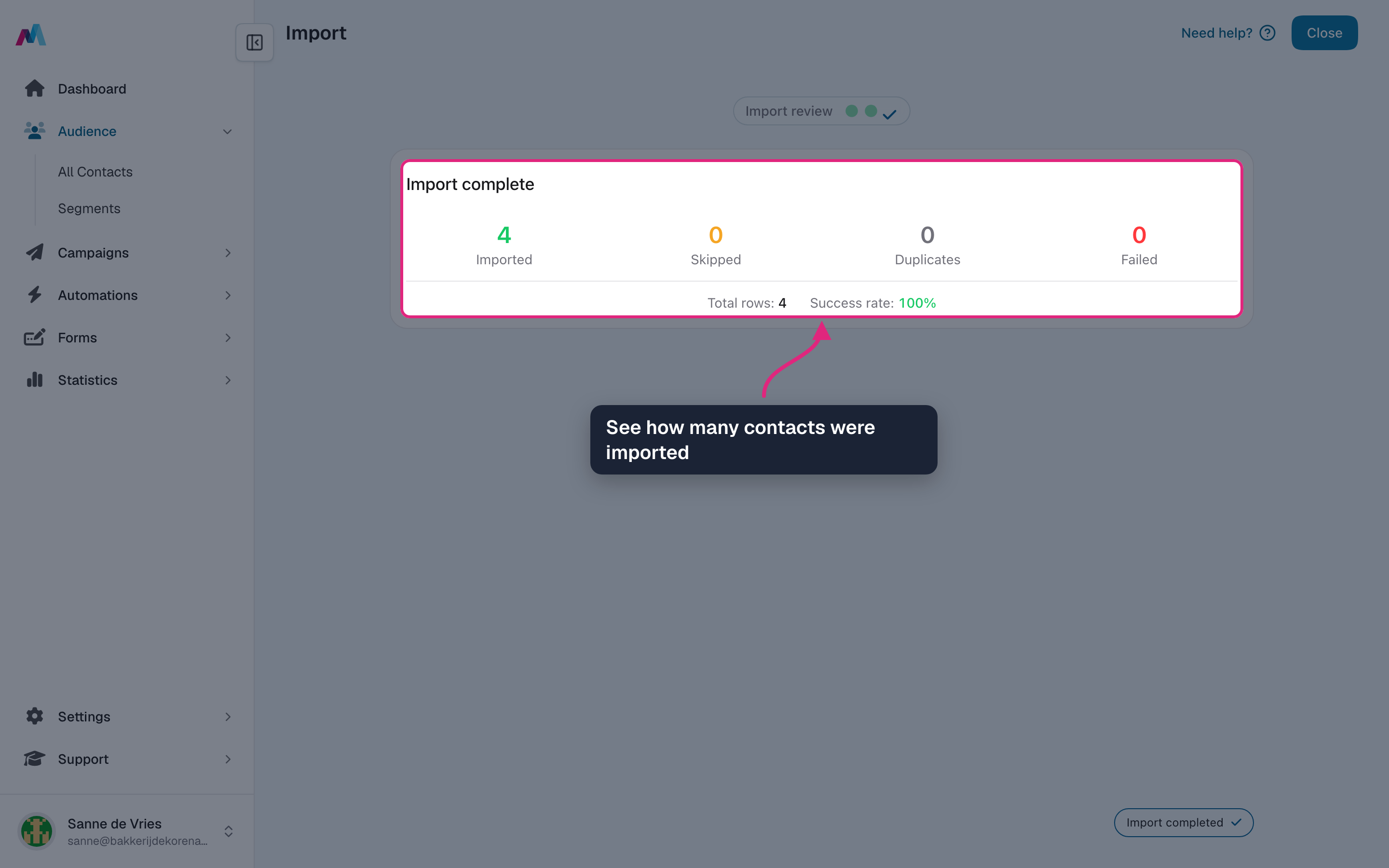 The import summary with the number of imported contacts