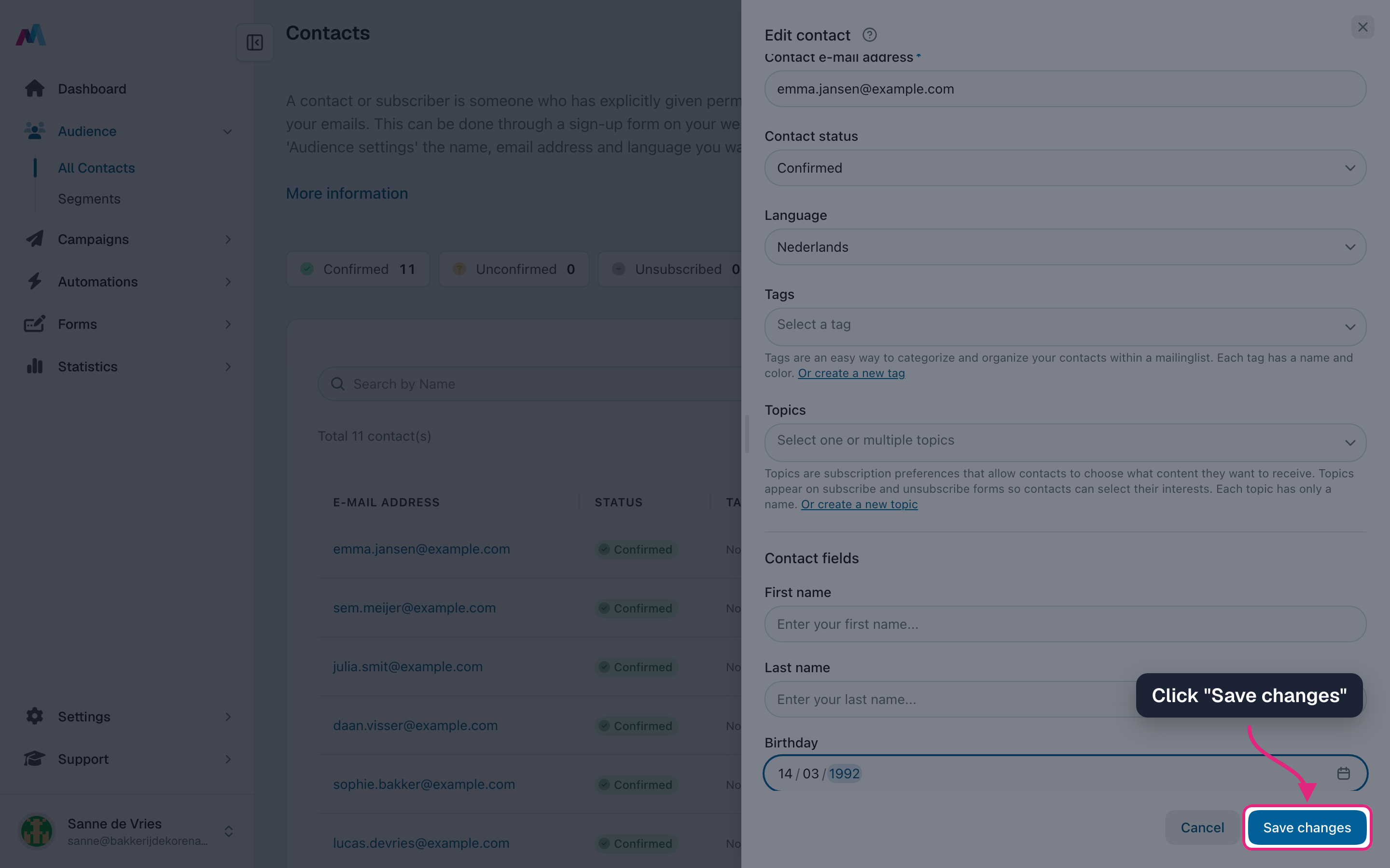 The Save changes button of the edit contact drawer