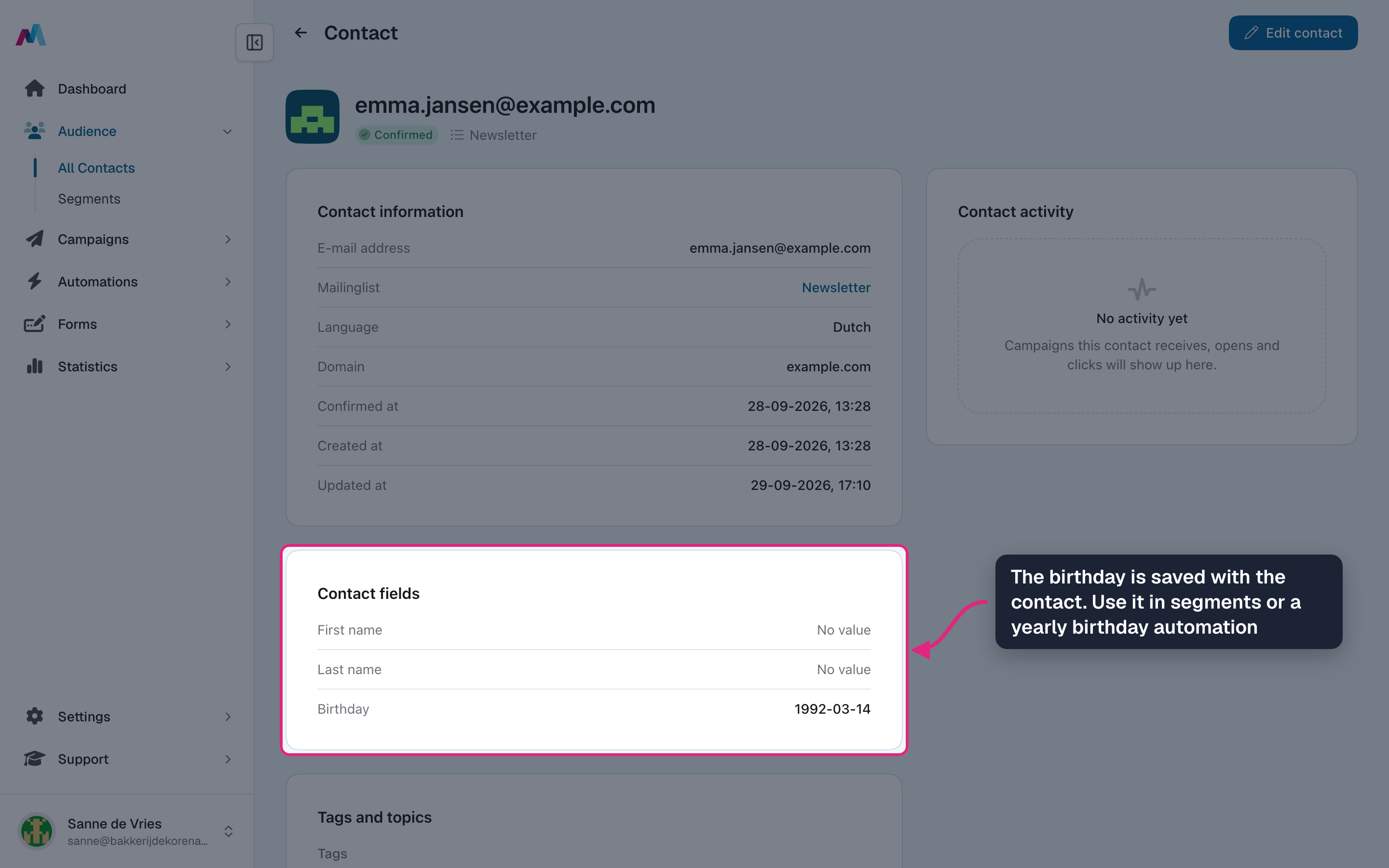 The contact page showing the saved birthday under Contact fields