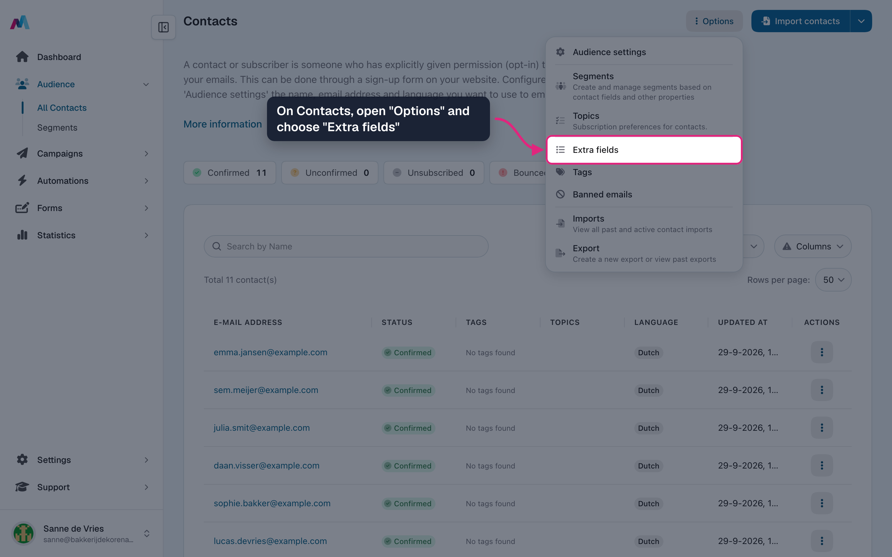 The Options menu on the Contacts page with "Extra fields" highlighted