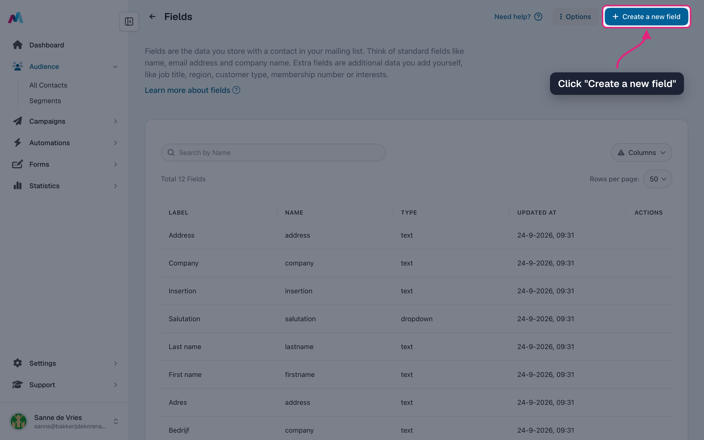 The fields page with the "Create a new field" button highlighted